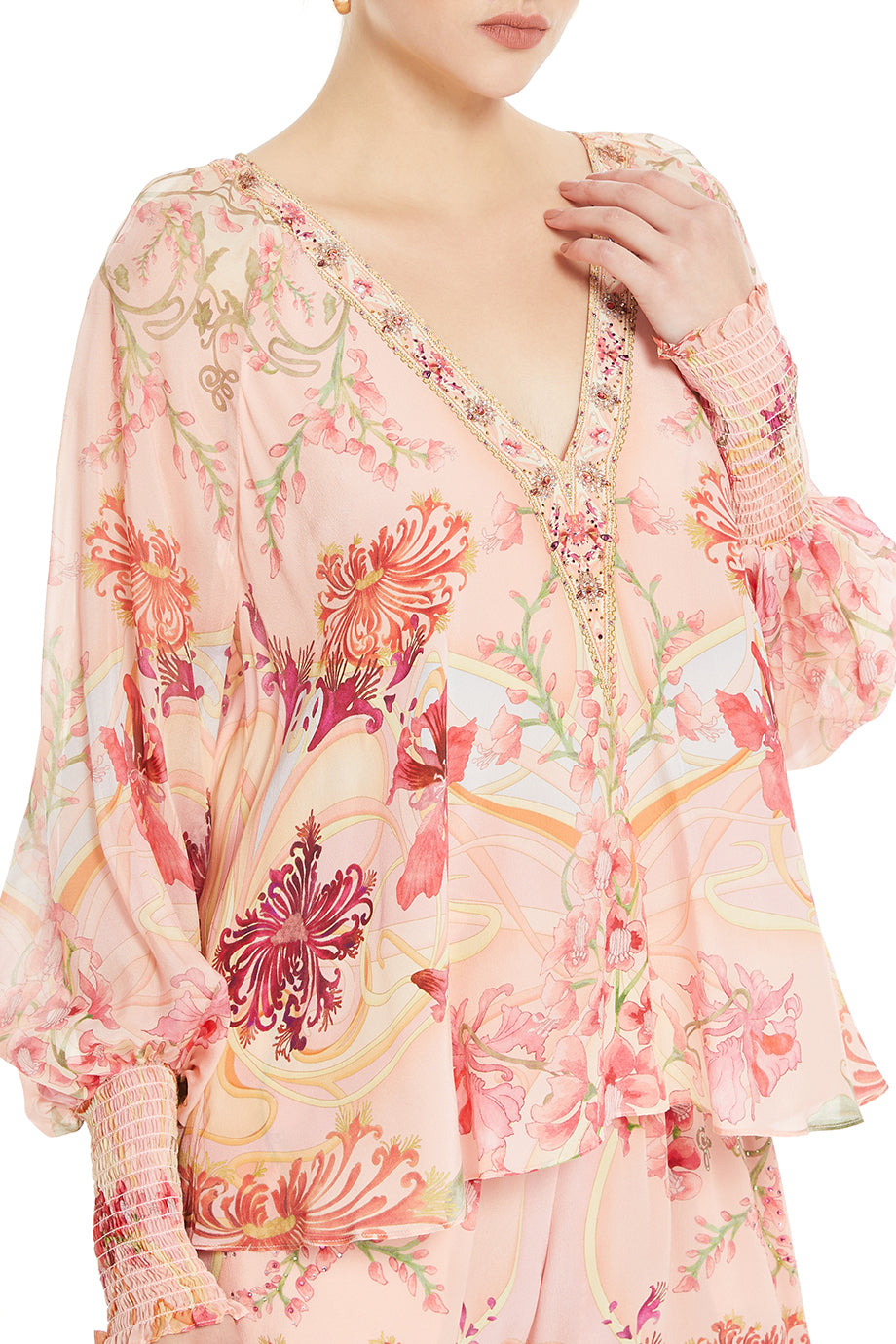 Shirred Cuff Floral Blouse