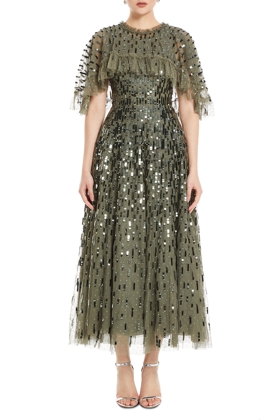 Sequin Dash Cape Evening Gown