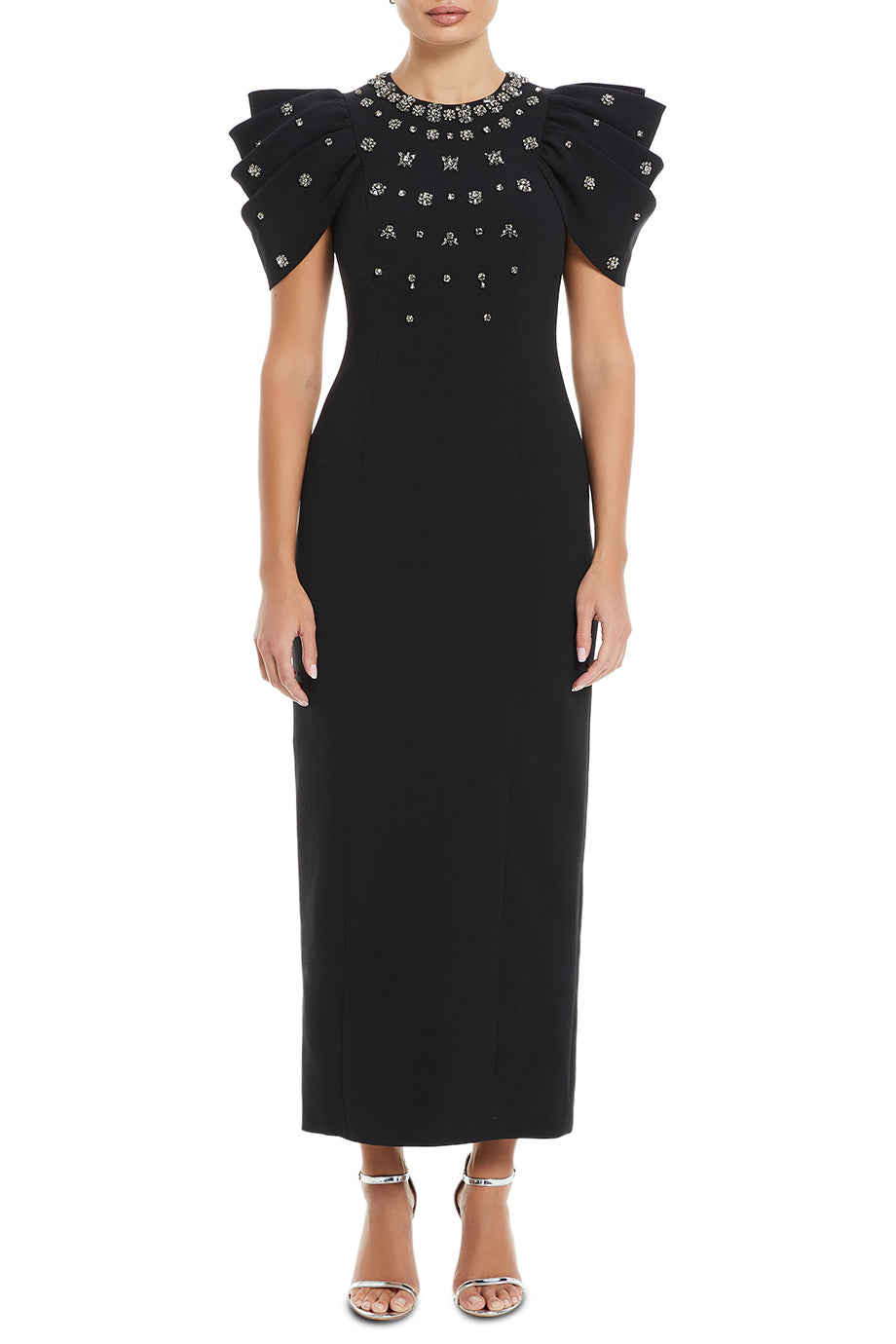 Damia Rouche Sleeves Crystal Embellished Evening Gown