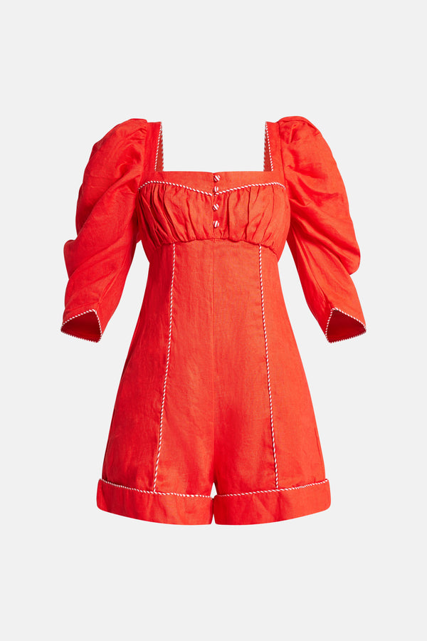 Straight Neckline Puff Sleeves Cotton Mini Jumpsuit in Red