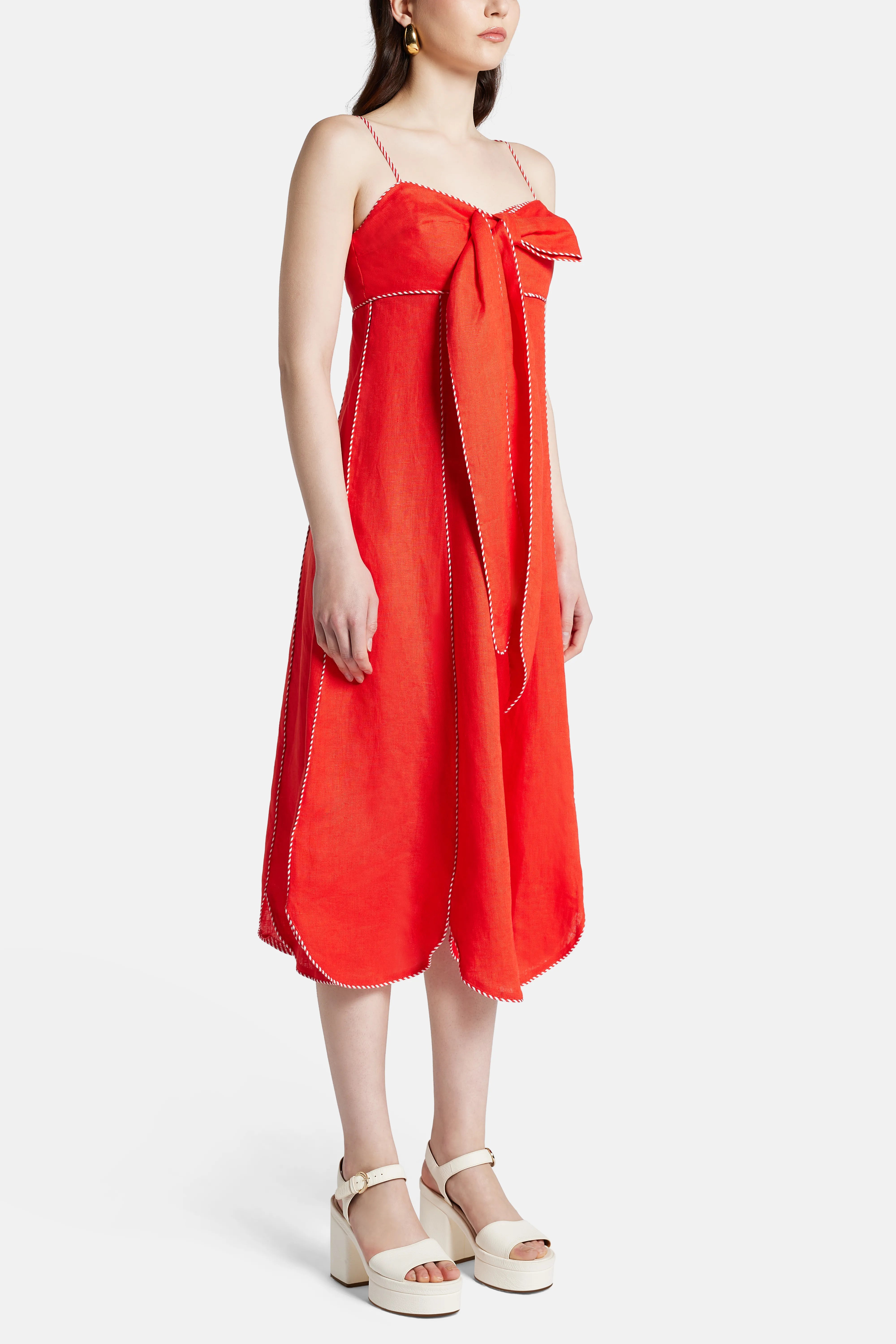 Cotton Sleeveless Bow Detail Midi Dress in Red