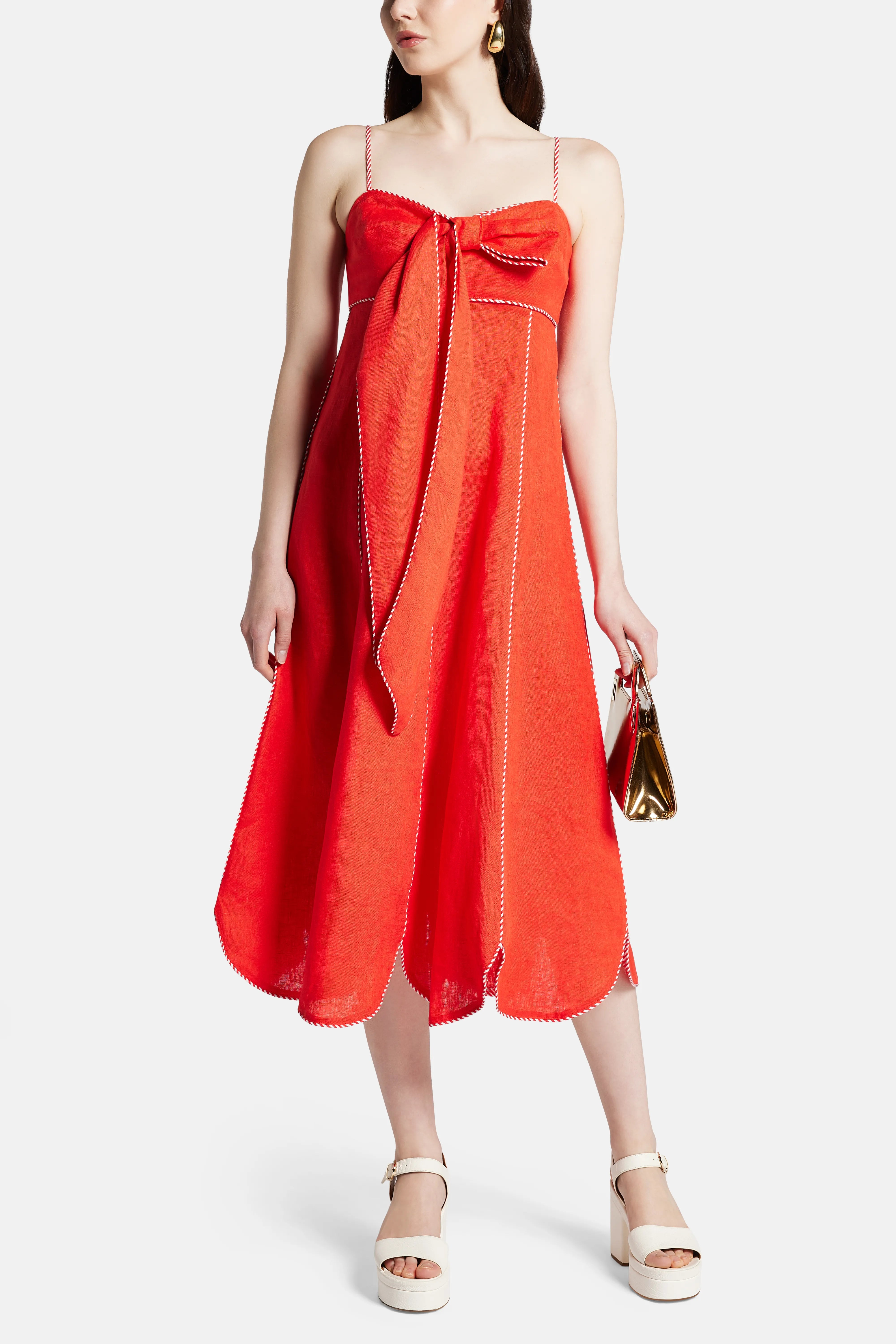 Cotton Sleeveless Bow Detail Midi Dress in Red