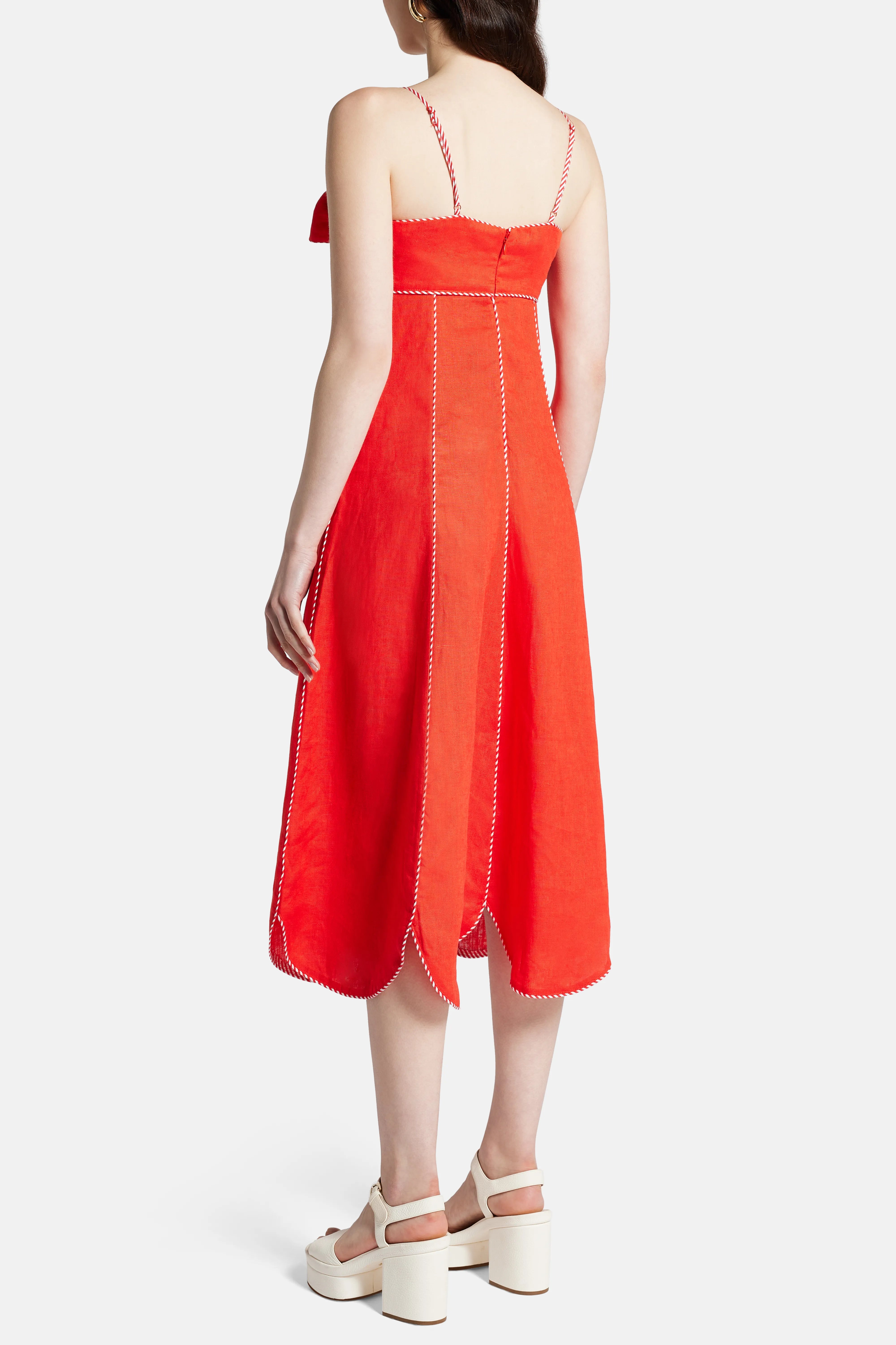 Cotton Sleeveless Bow Detail Midi Dress in Red