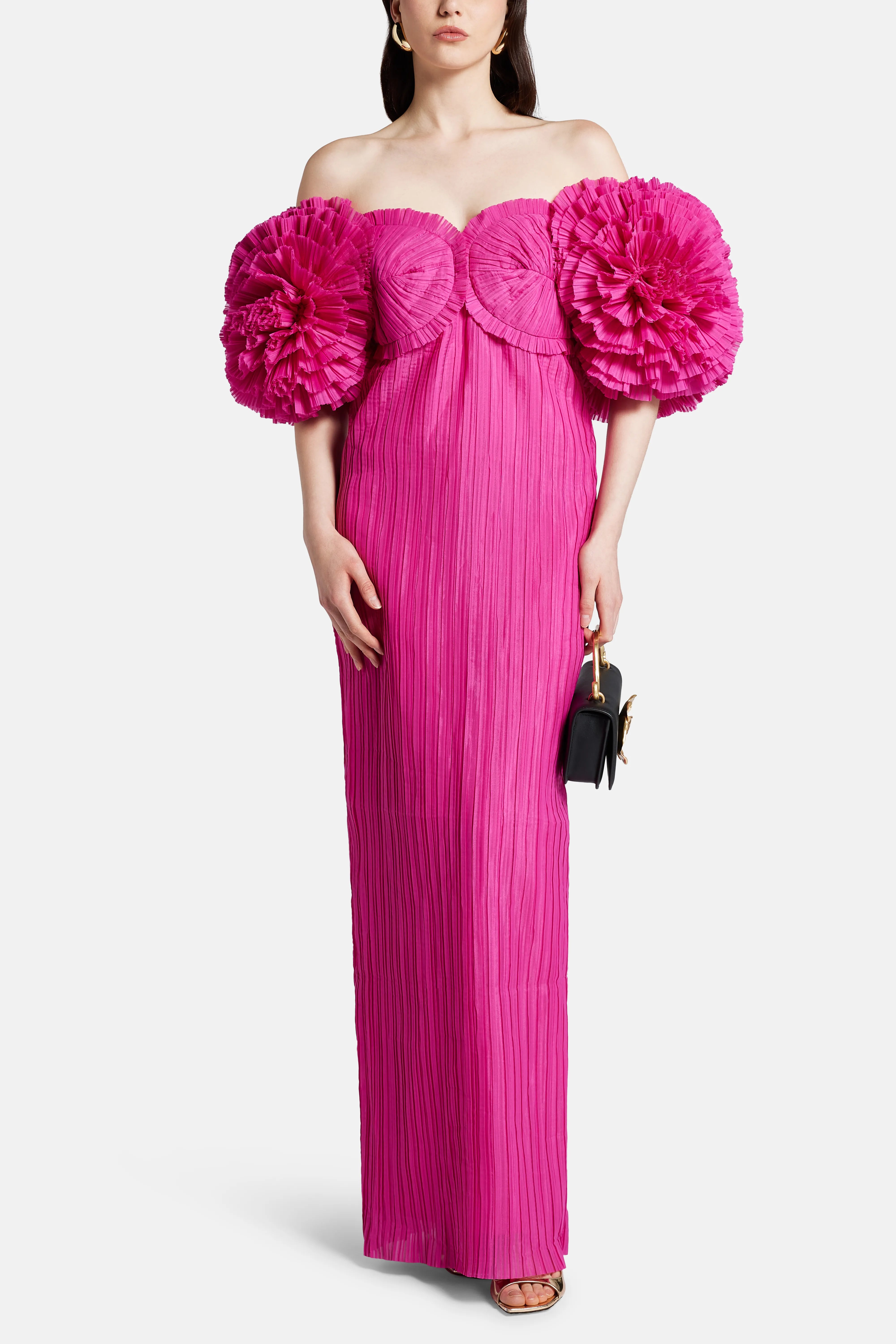 Crystallise Floral Sleeves Pleated Maxi Dress in Pink