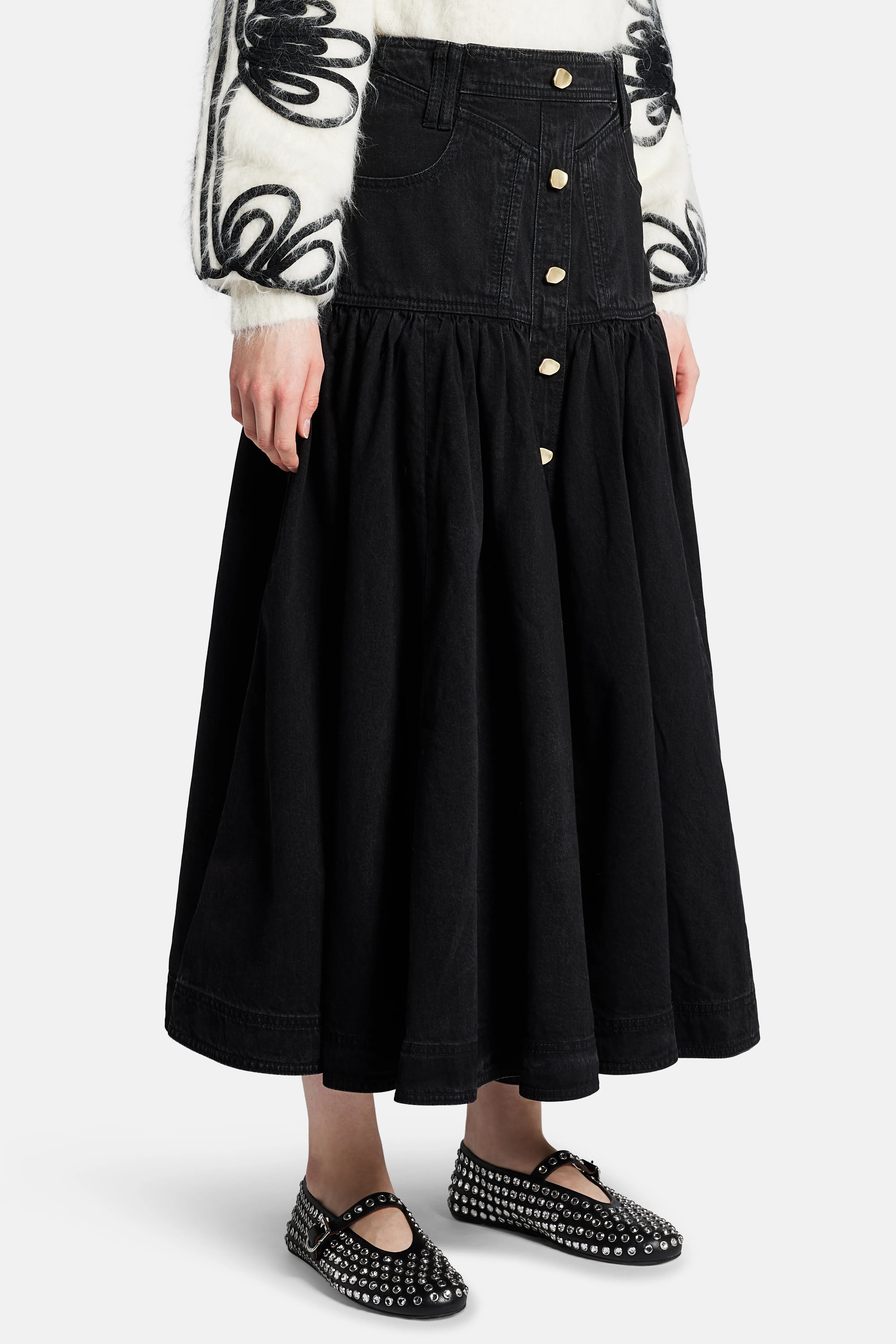 Maya Denim Midi Skirt in Black