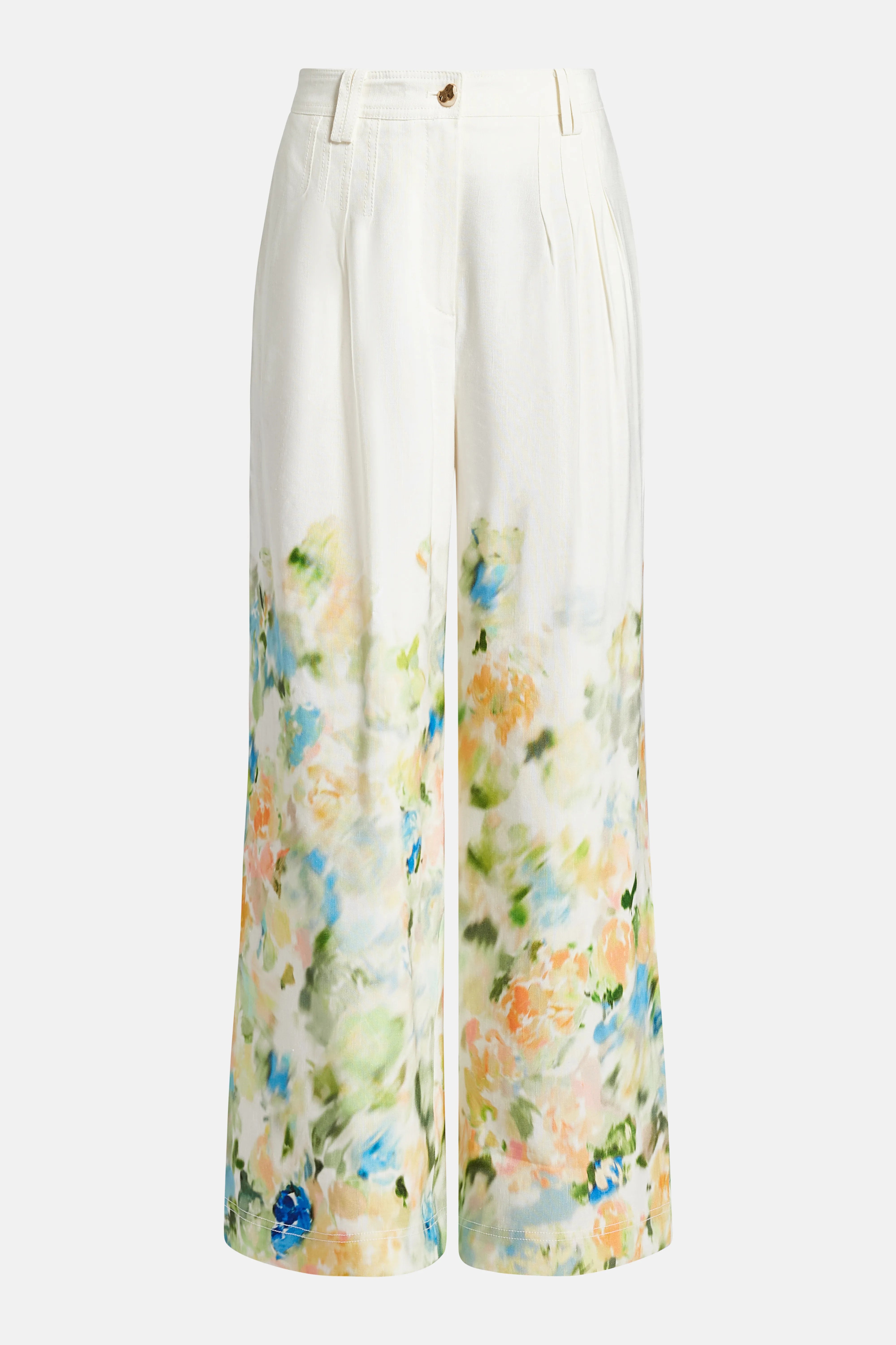 Dreamscape Pintucked Linen Floral Pants in White