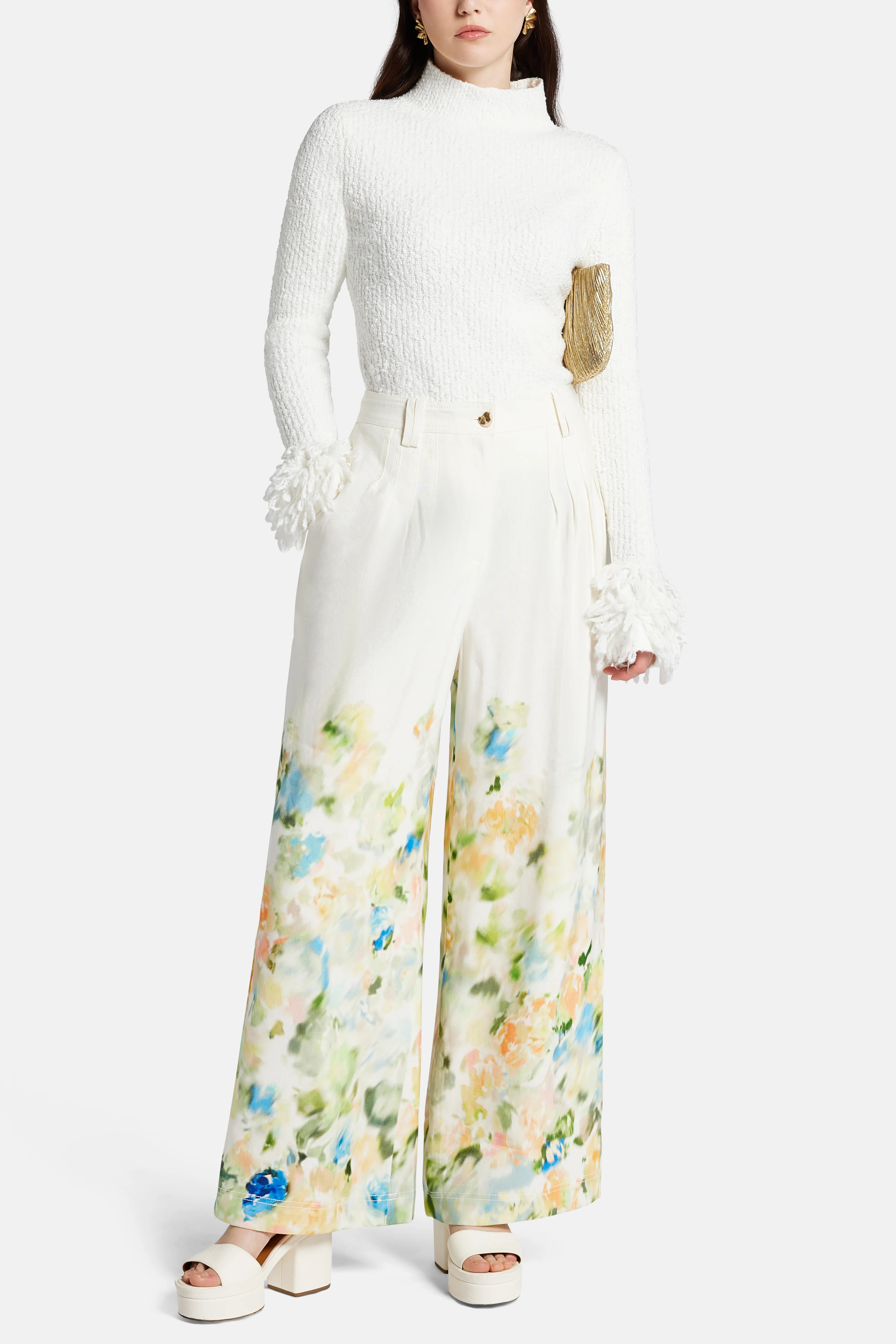 Dreamscape Pintucked Linen Floral Pants in White