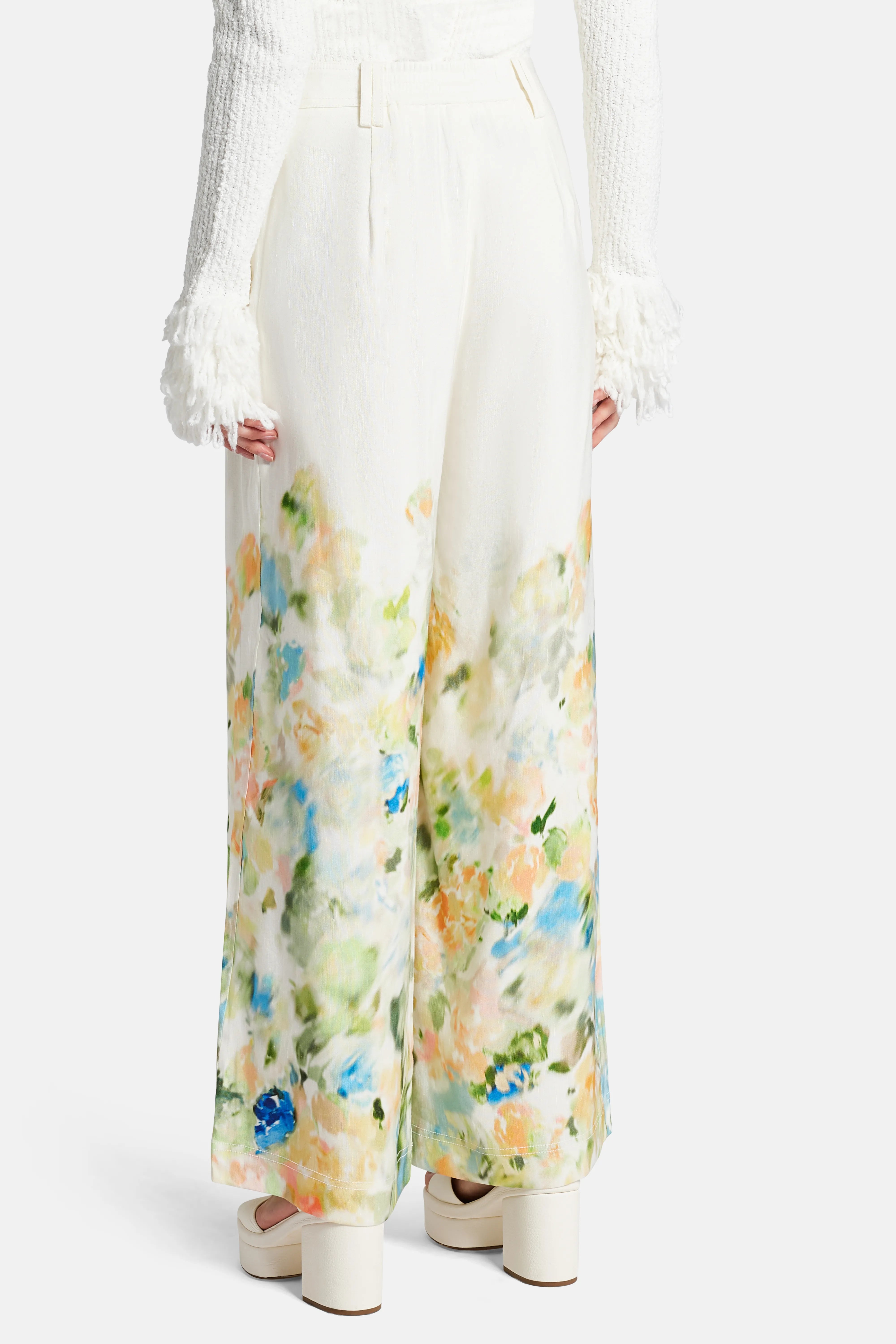 Dreamscape Pintucked Linen Floral Pants in White