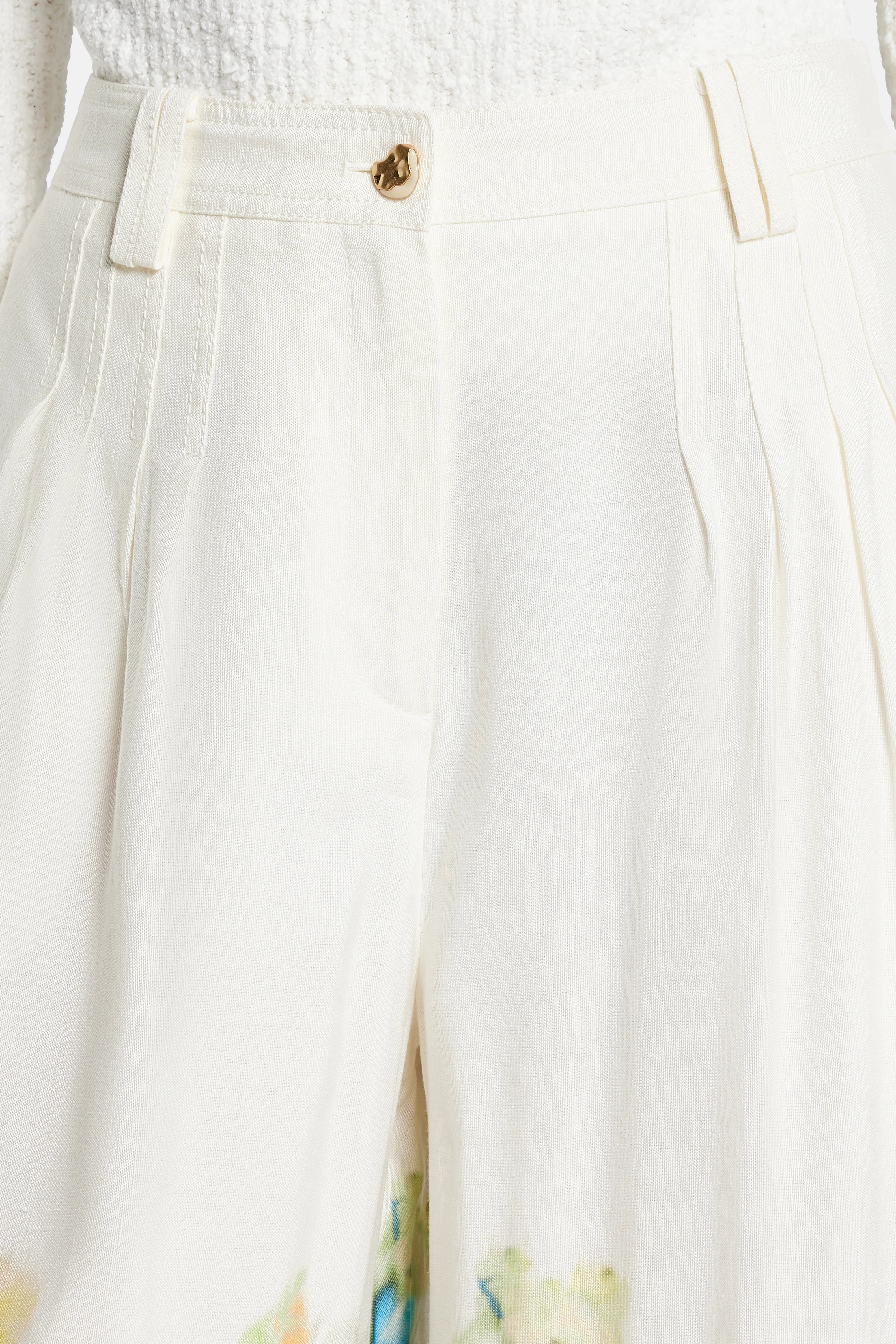 Dreamscape Pintucked Linen Floral Pants in White