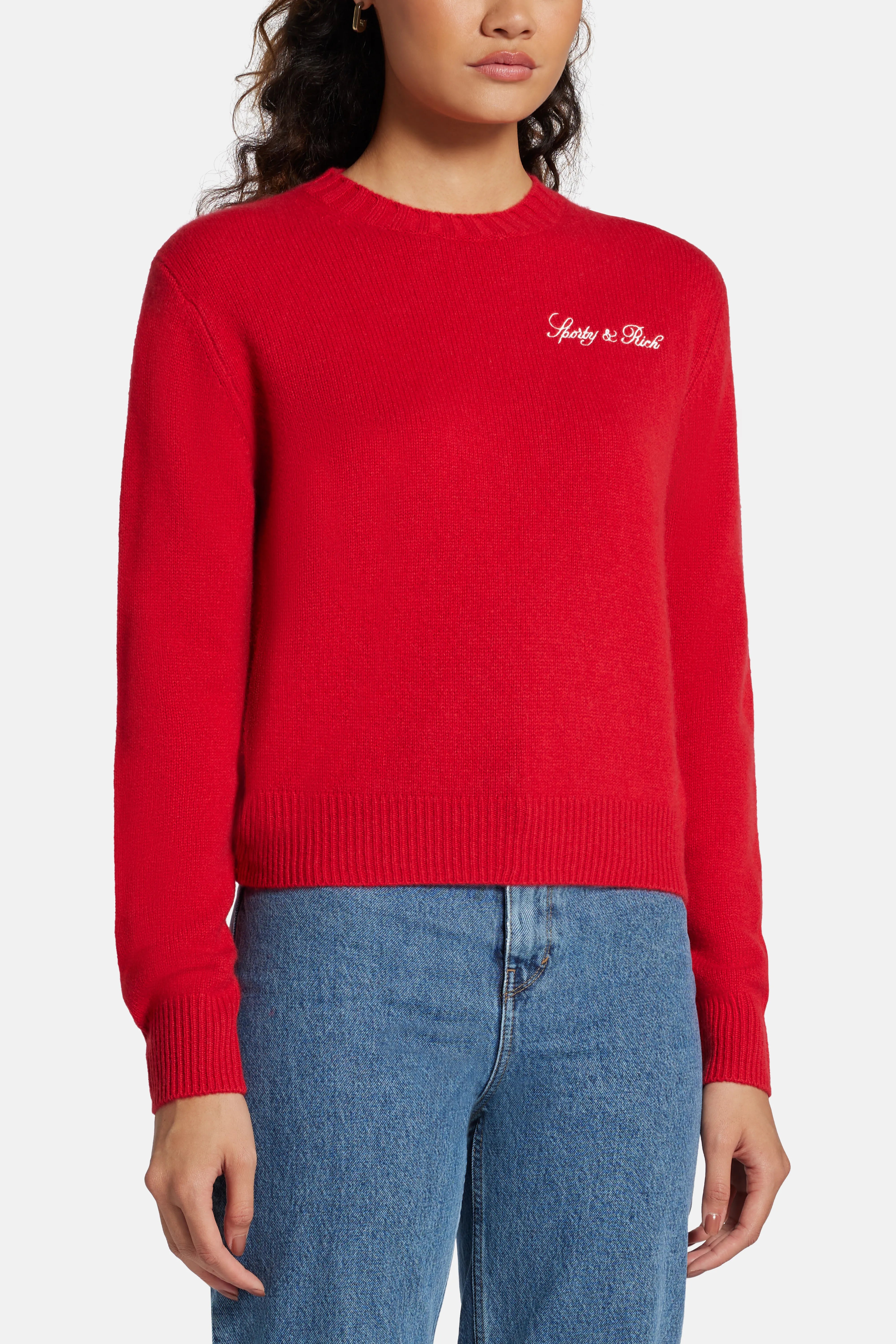 Vendome Script Logo Cashmere Crewneck Sweatshirt in Red