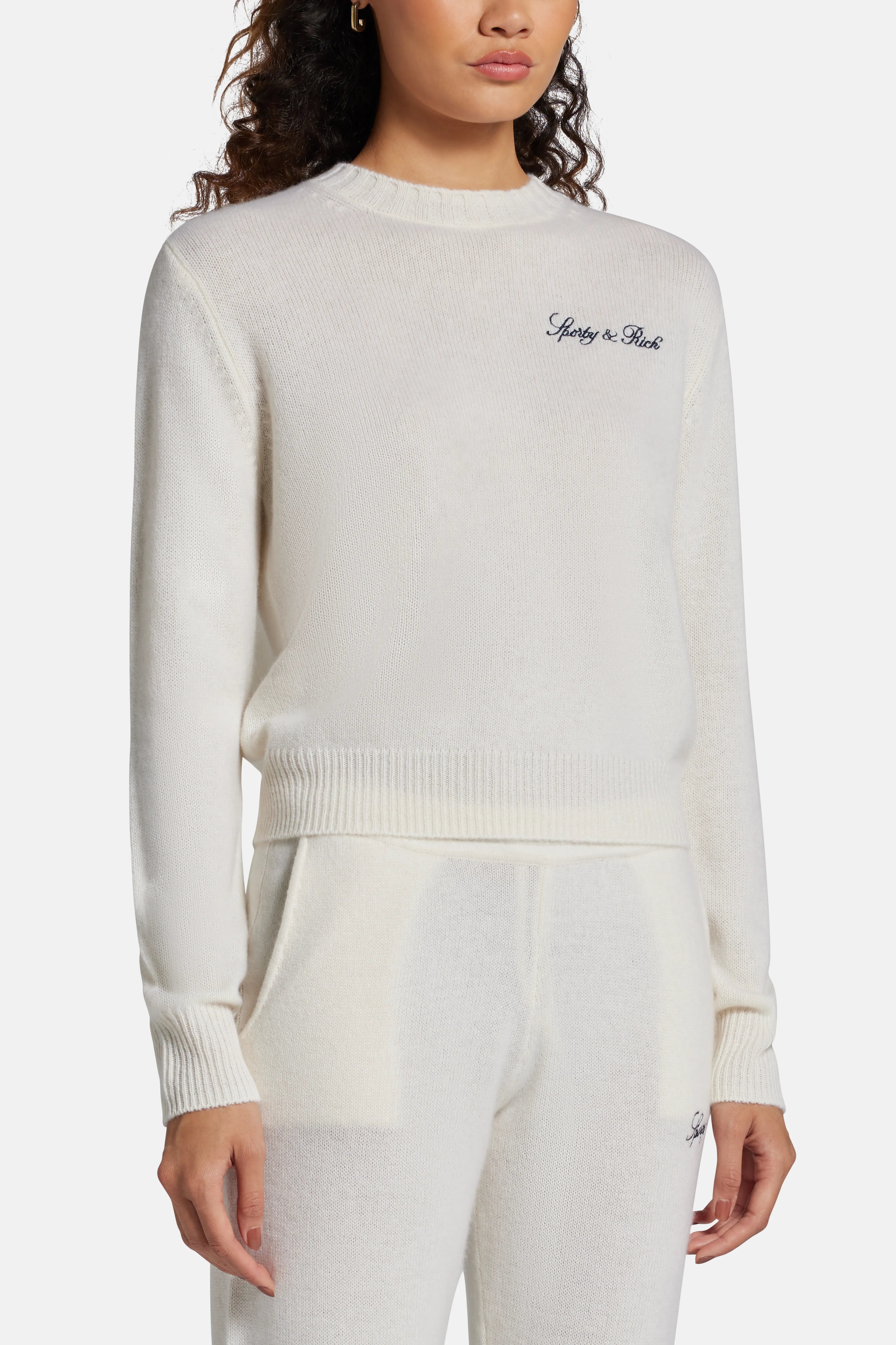 Vendome Script Logo Cashmere Crewneck Sweatshirt in White