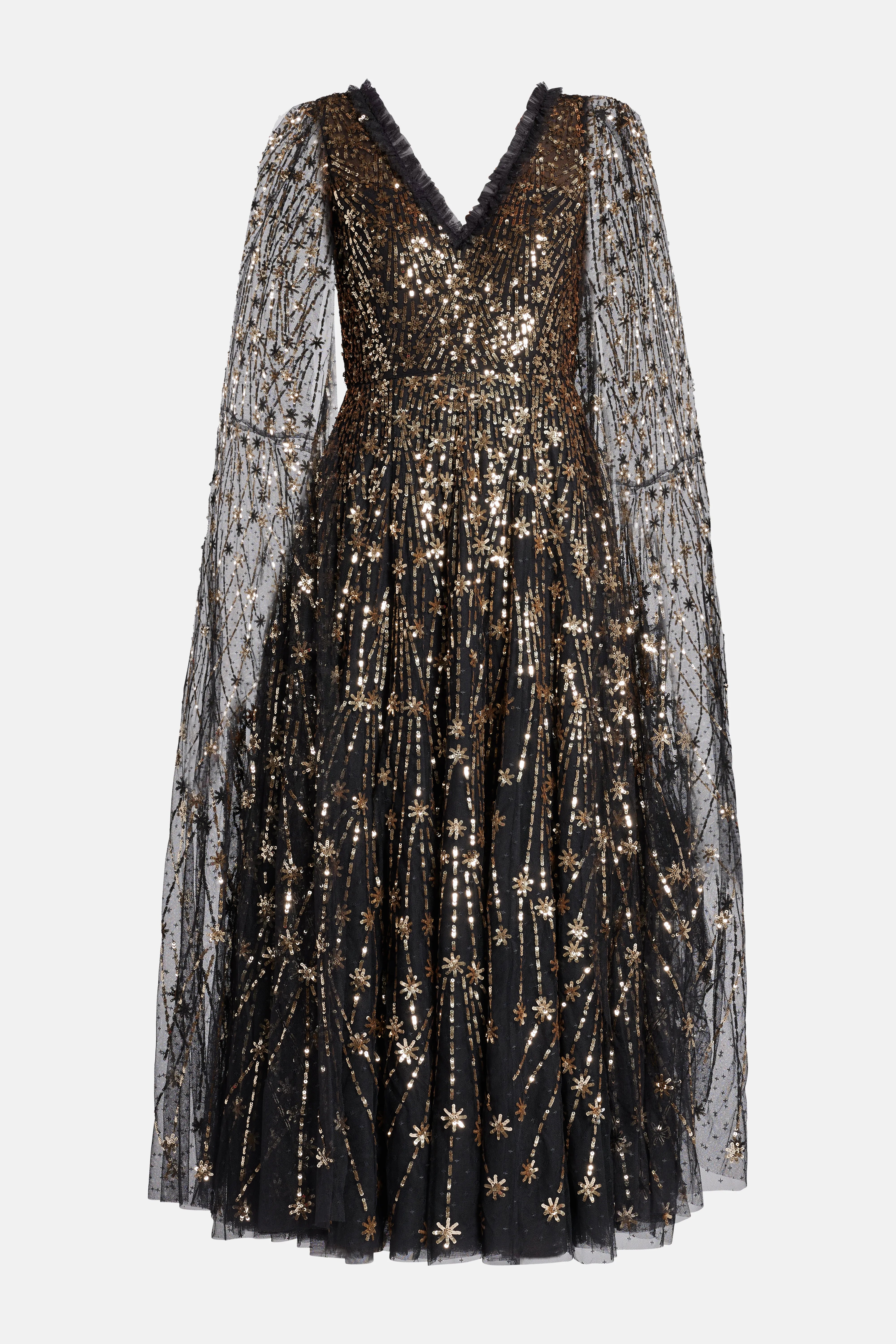 Shop the Comet Sequin Cape Evening Dress in Black Shop the Comet Sequin Cape Evening Dress in Black