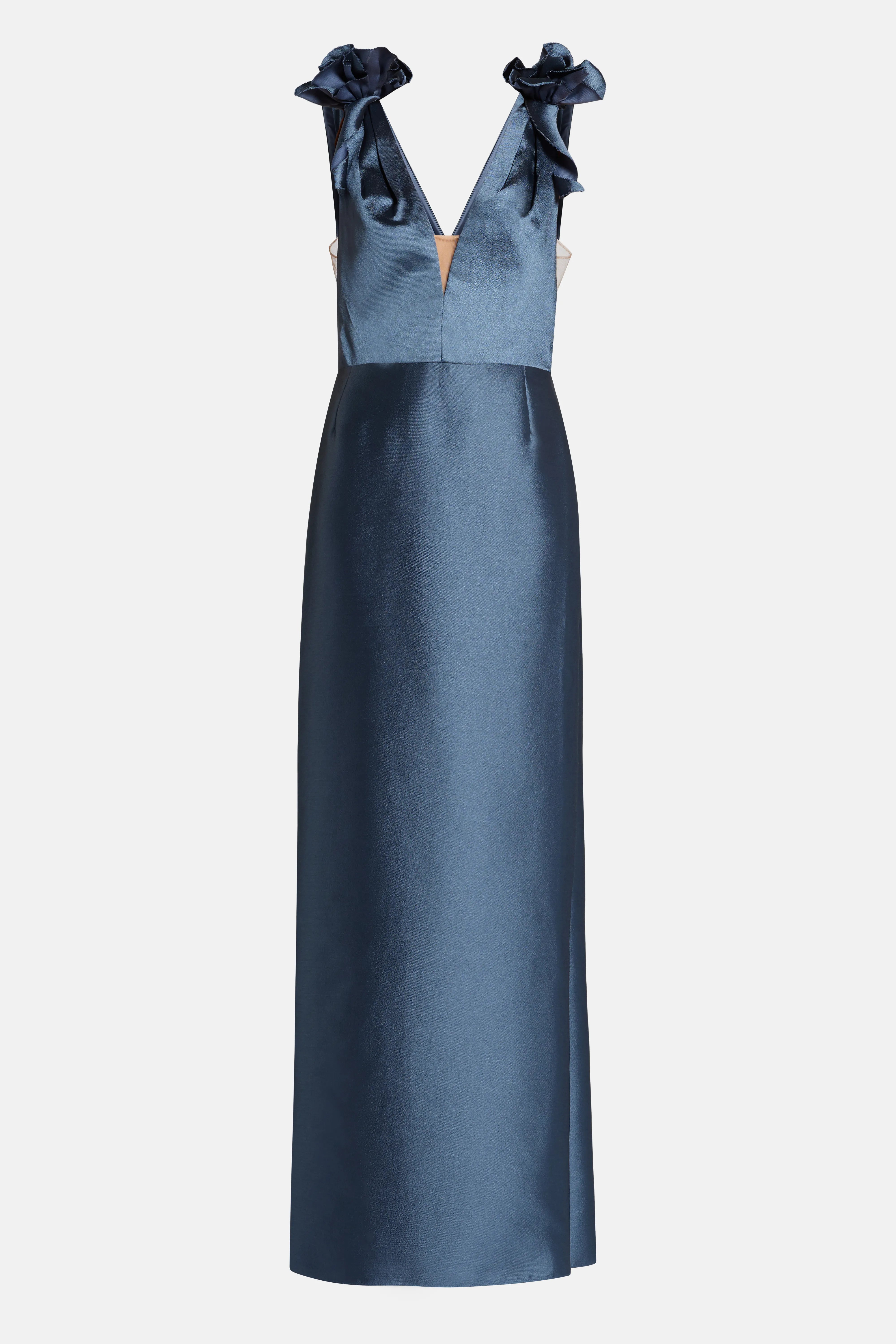 Deep V-Neck Sleeveless Silk Mikado Evening Gown in Blue