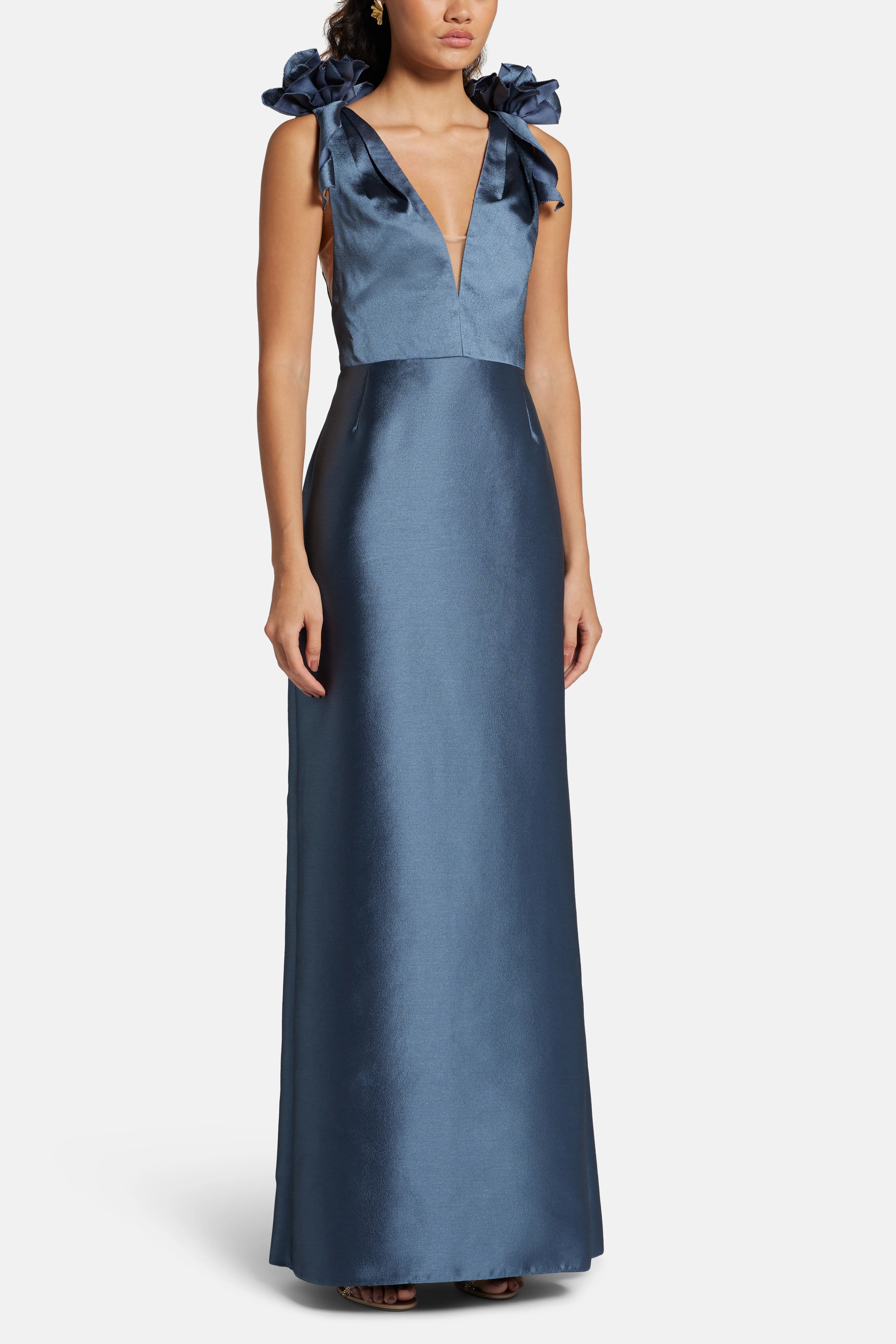 Deep V-Neck Sleeveless Silk Mikado Evening Gown in Blue