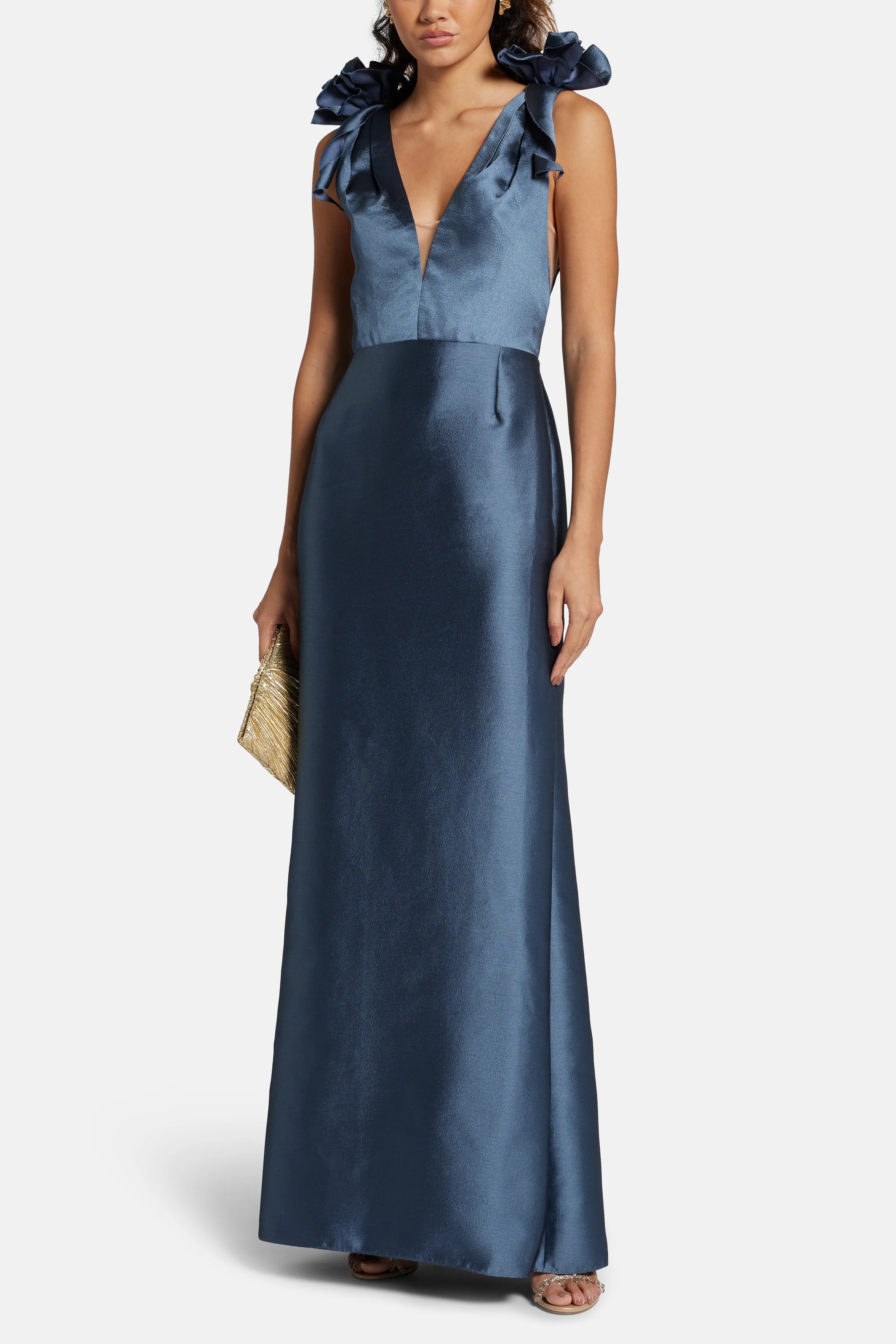 Deep V-Neck Sleeveless Silk Mikado Evening Gown in Blue