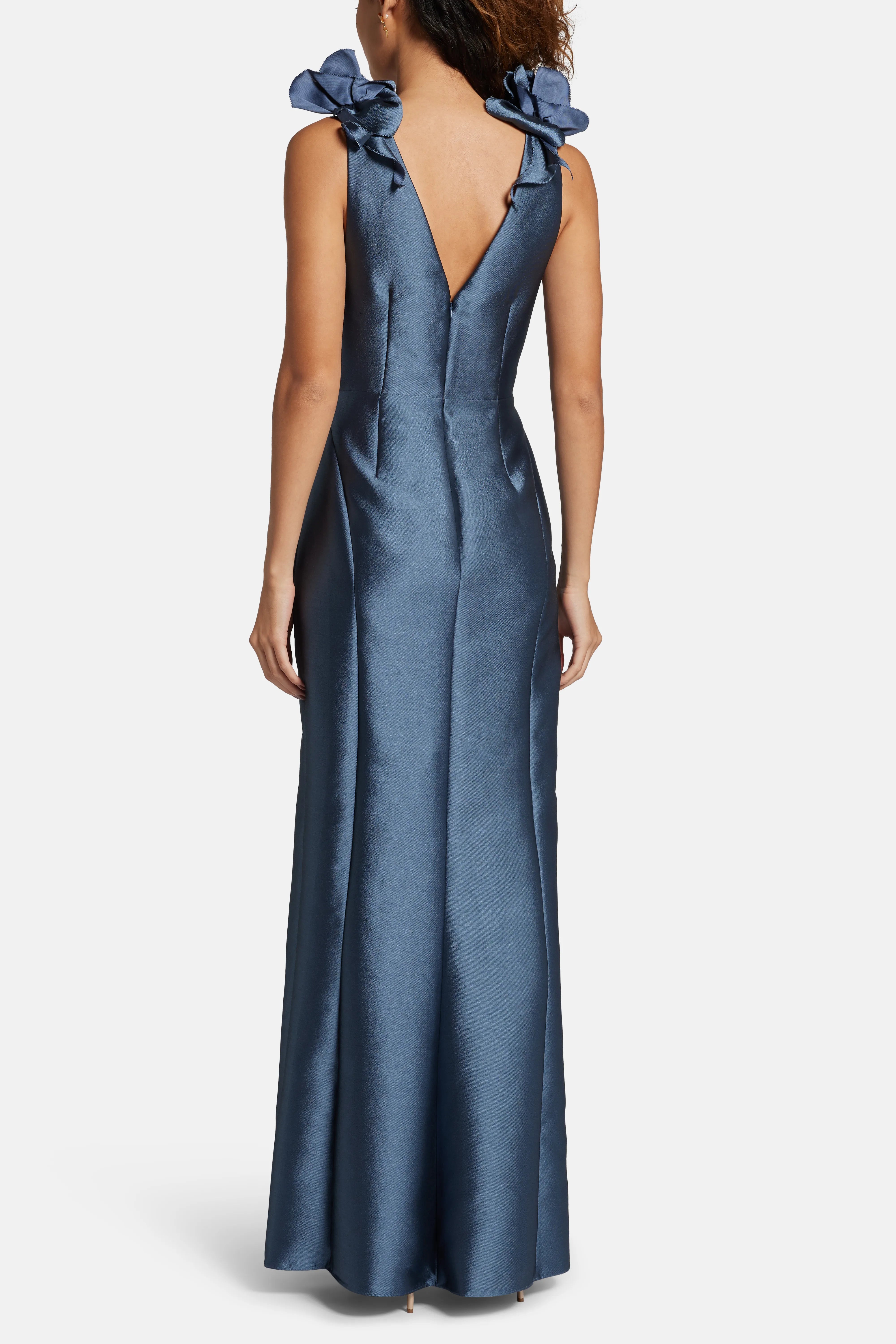 Deep V-Neck Sleeveless Silk Mikado Evening Gown in Blue