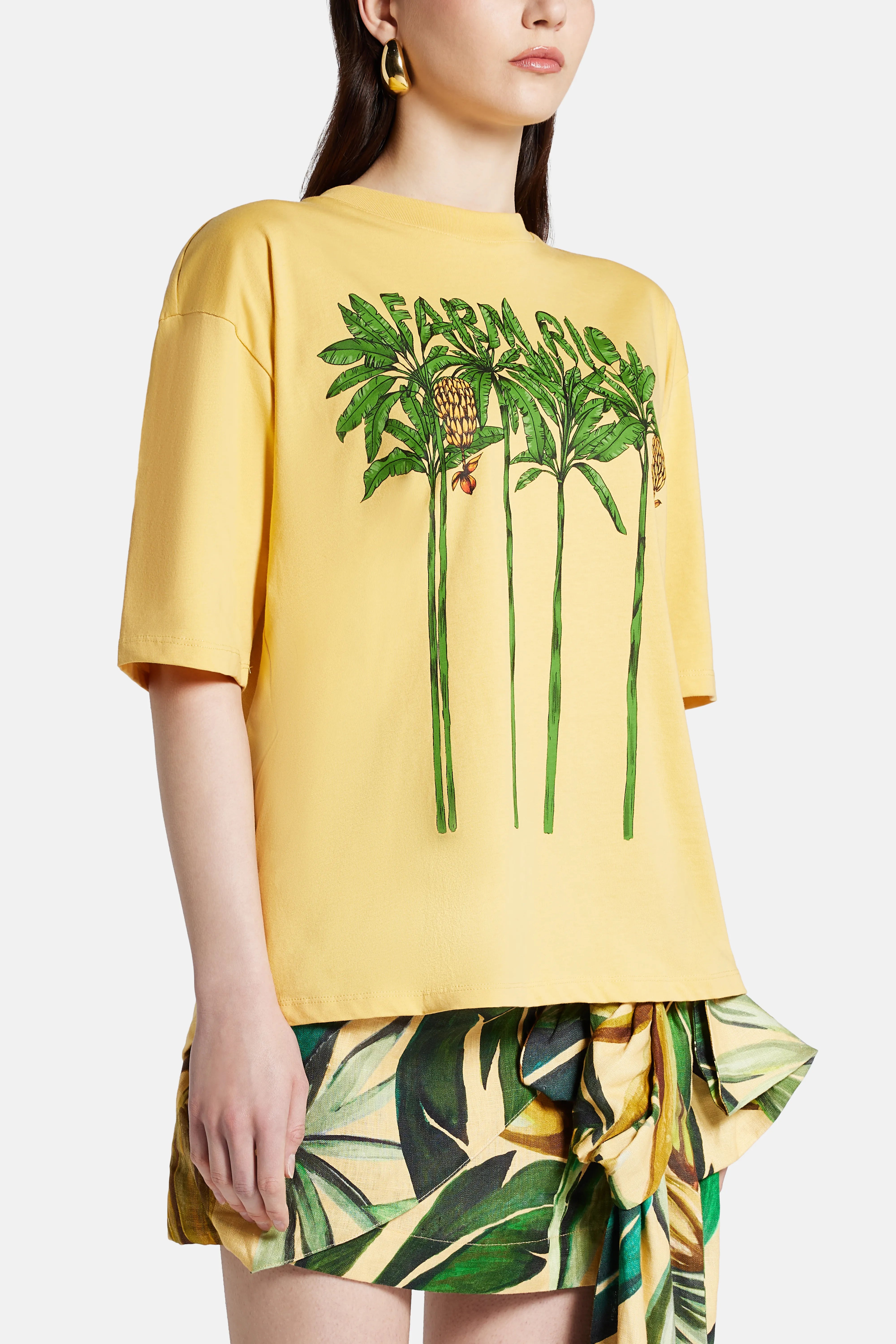 Pleated Print Cotton Round Neck T-Shirt in Yellow and Green