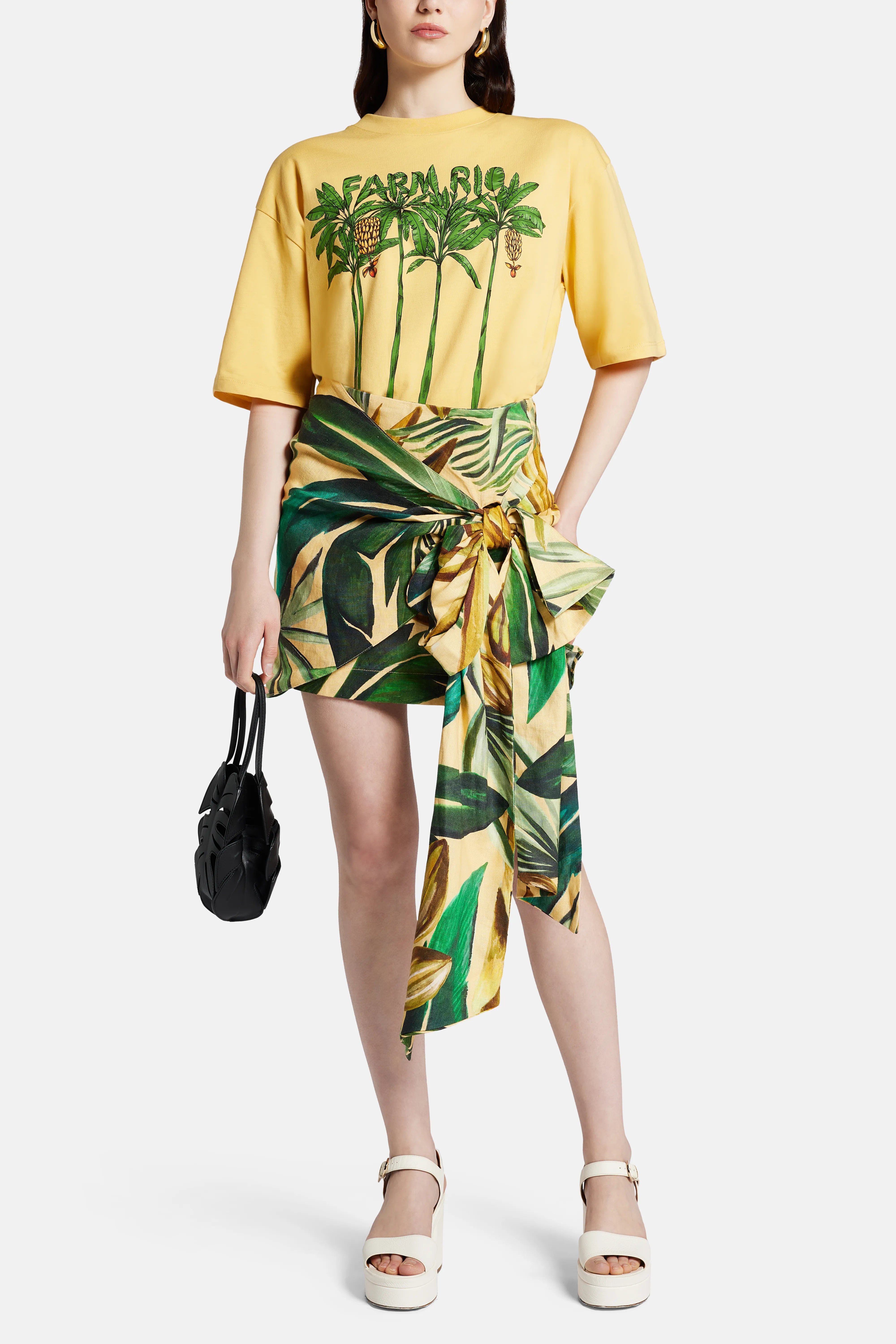 Pleated Print Cotton Round Neck T-Shirt in Yellow and Green