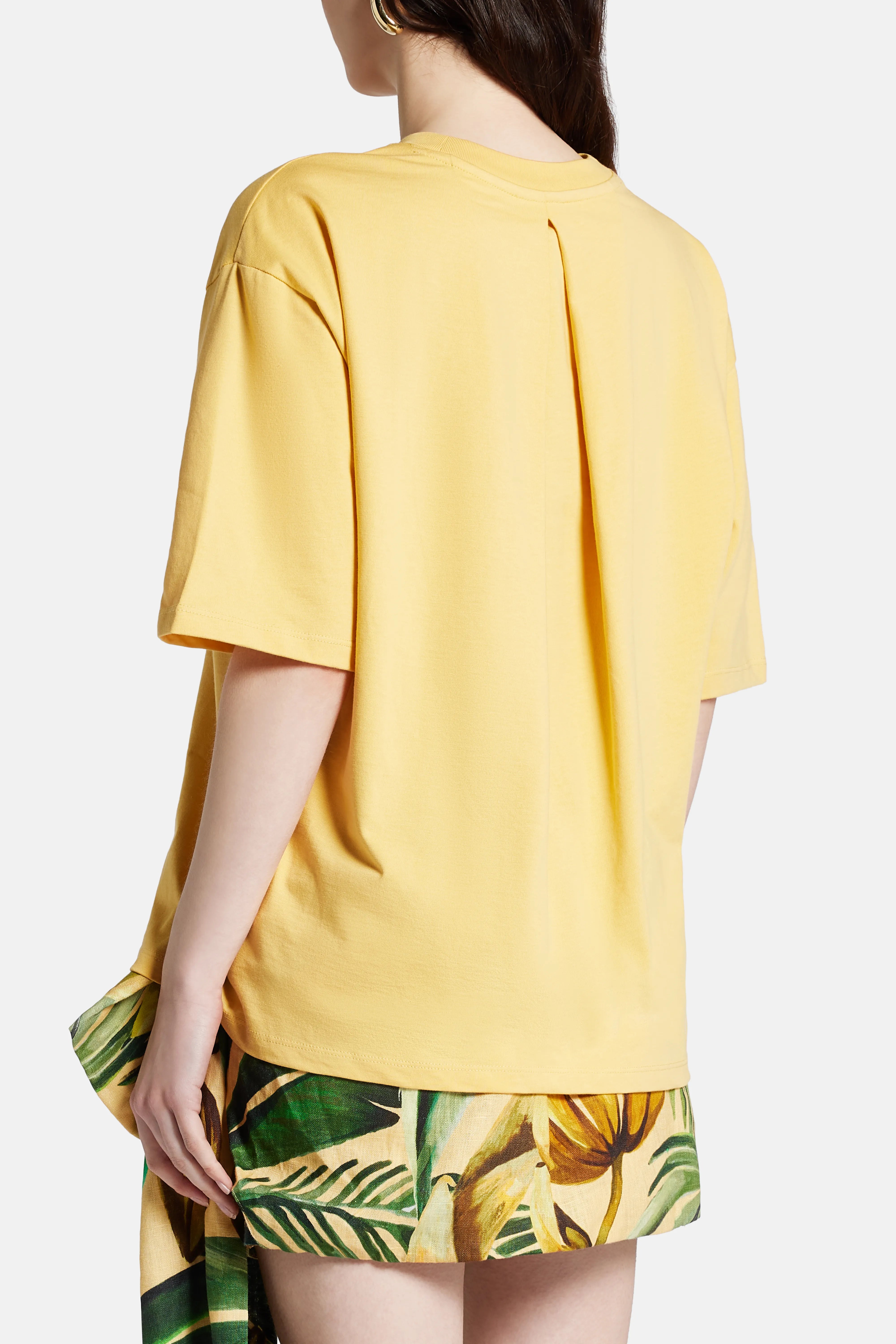 Pleated Print Cotton Round Neck T-Shirt in Yellow and Green