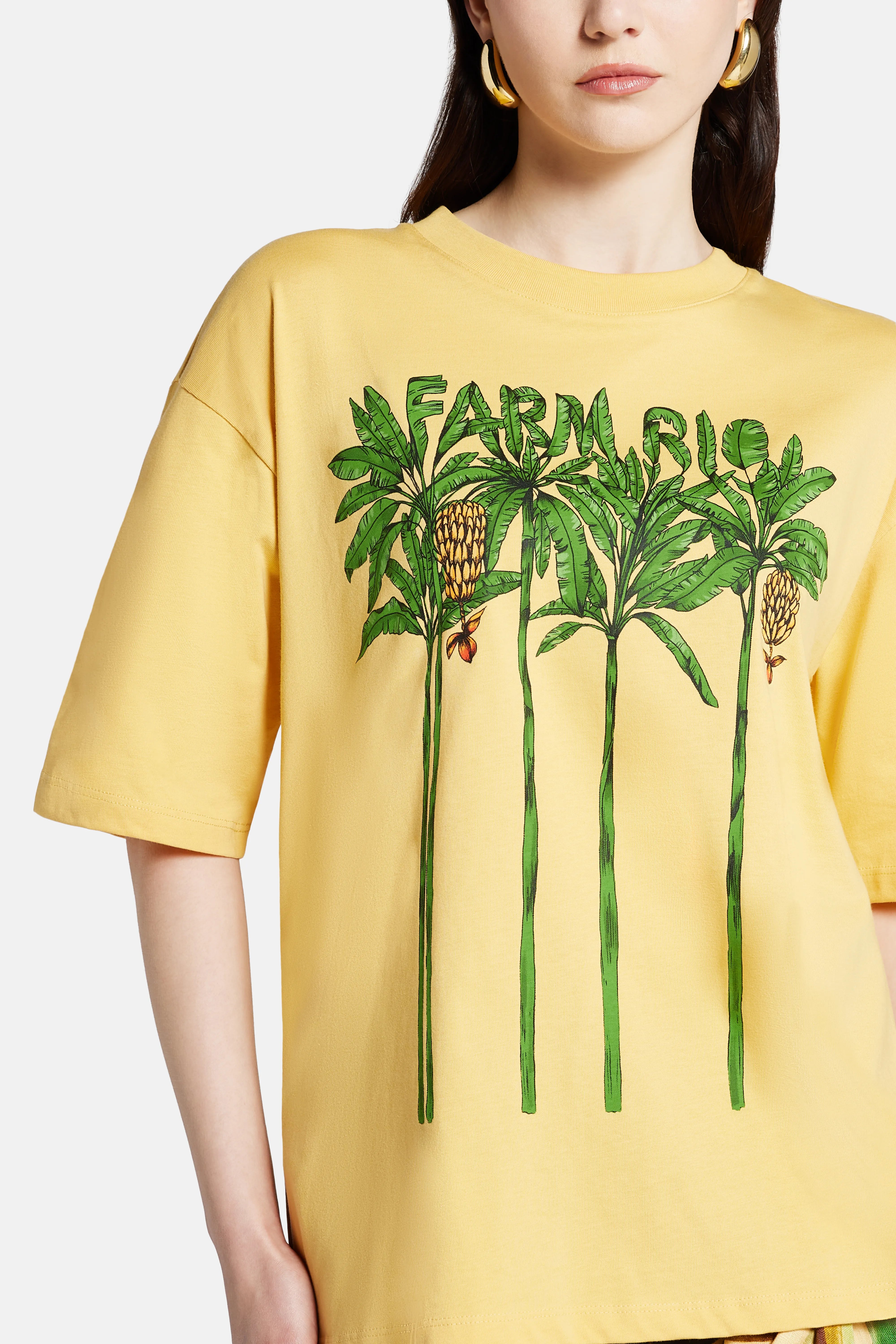 Pleated Print Cotton Round Neck T-Shirt in Yellow and Green