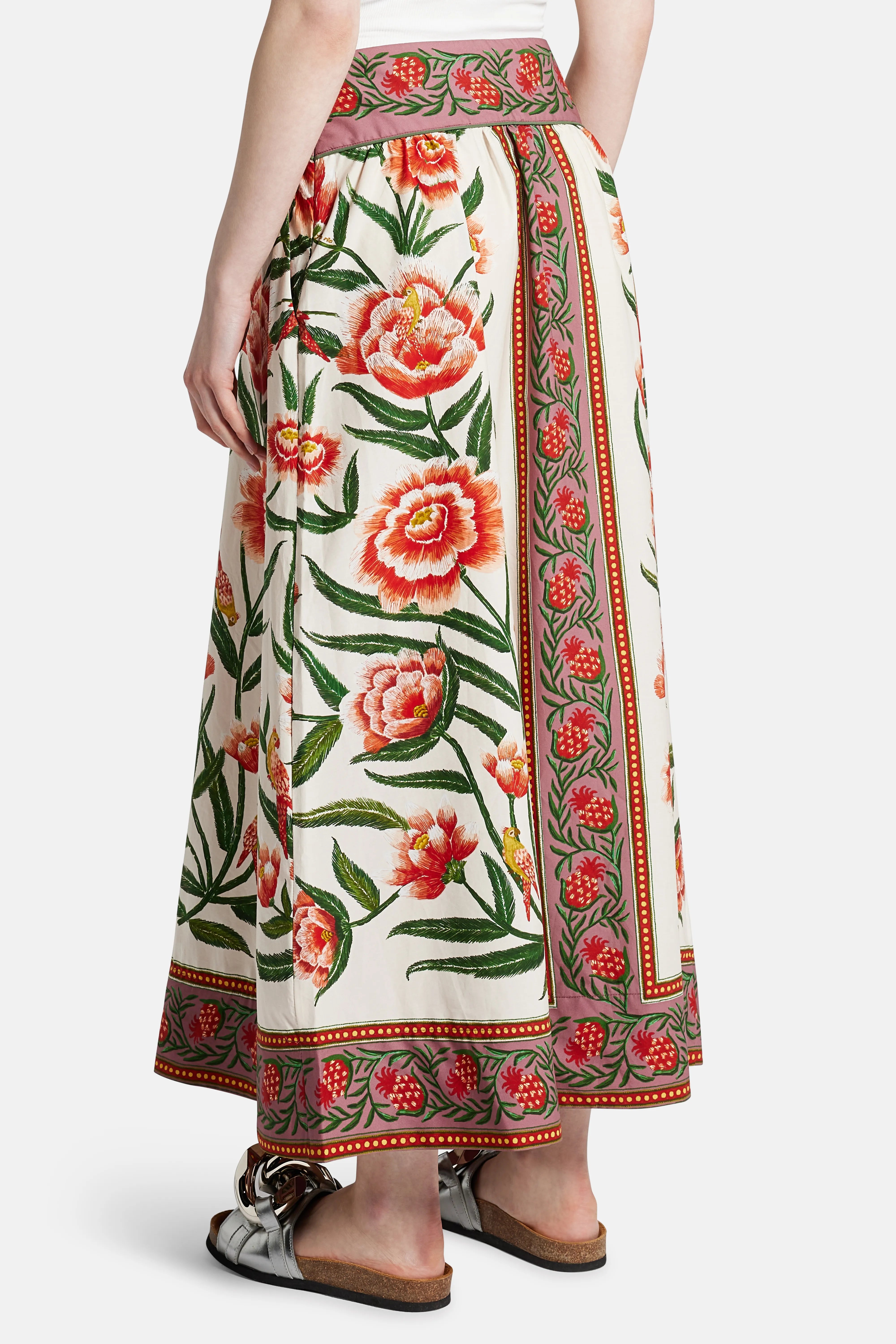 Ainika Delicate Floral Cotton Midi Skirt in White and Orange