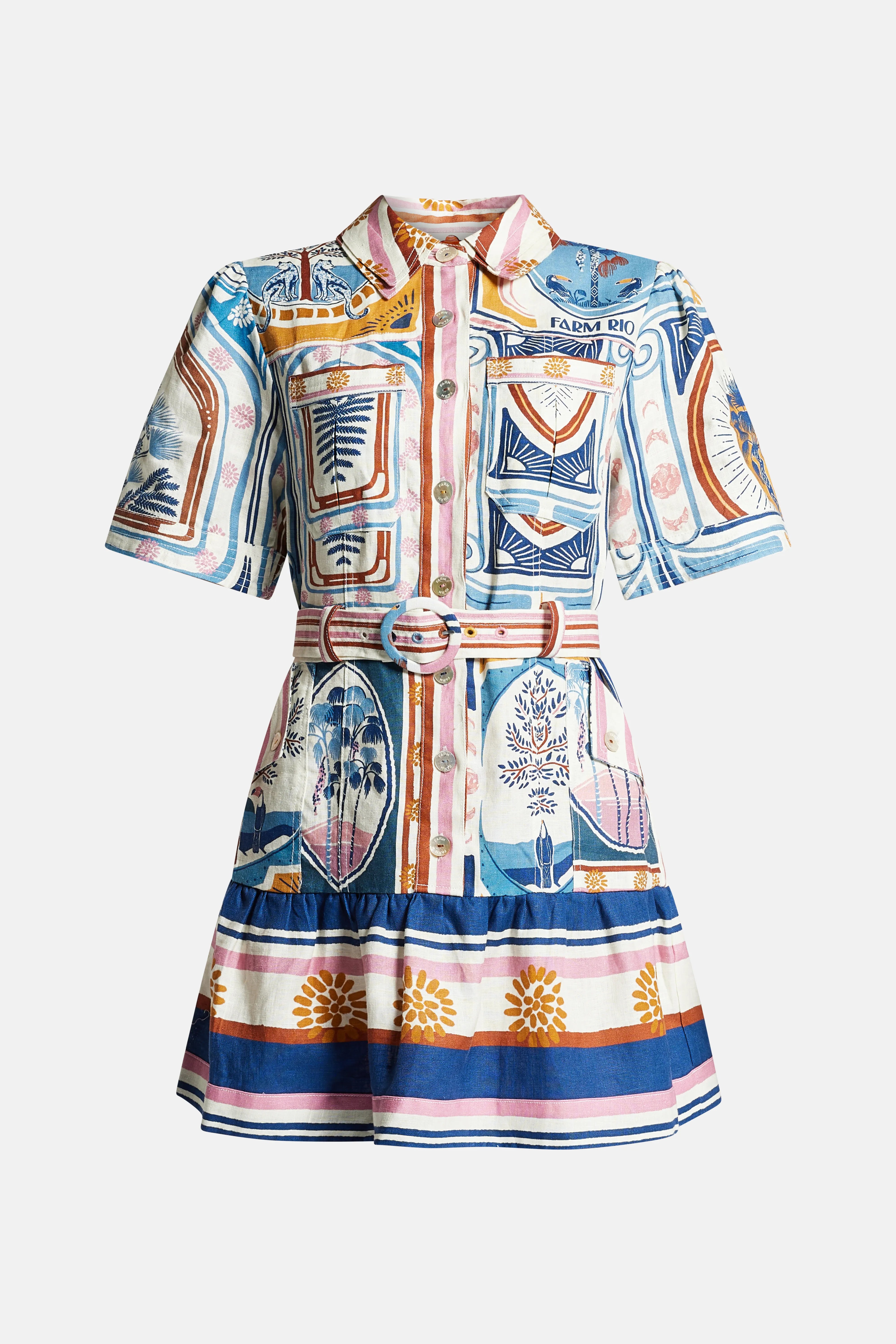 Cerrado Stamps Short Sleeve Linen Mini Dress in White and Blue