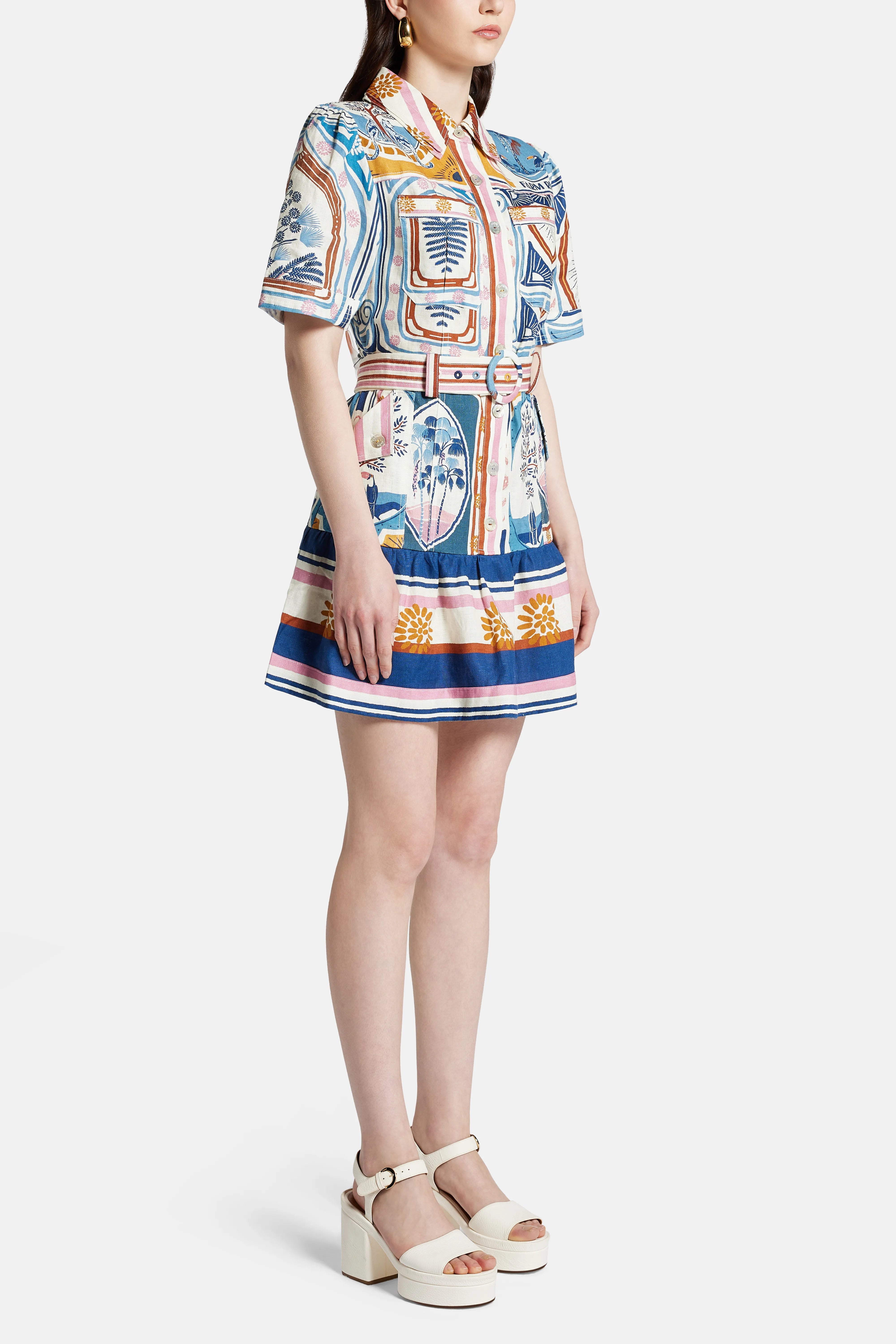 Cerrado Stamps Short Sleeve Linen Mini Dress in White and Blue