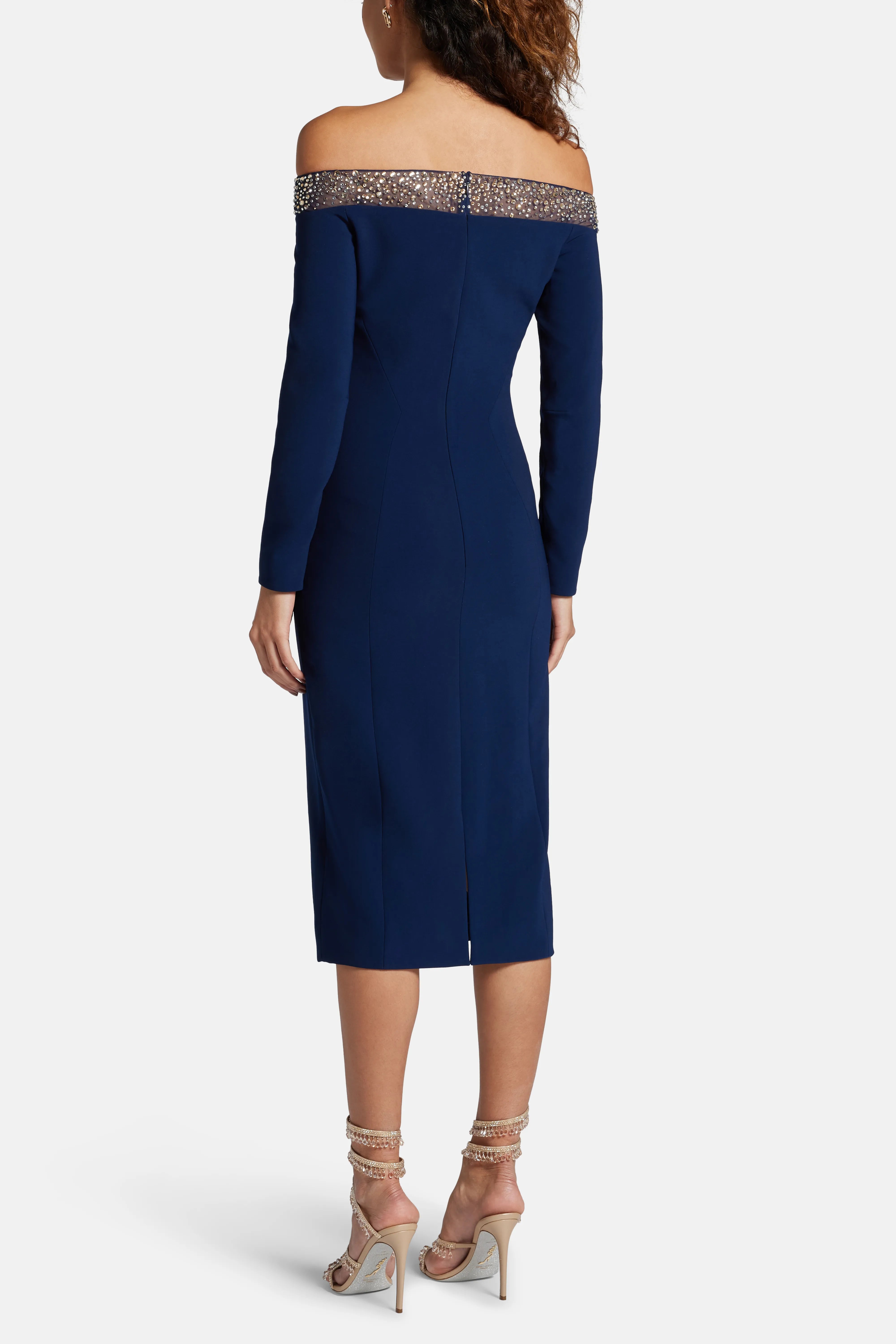 Calypso Off Shoulder Embellished Cocktail Midi Dress in Navy Blue