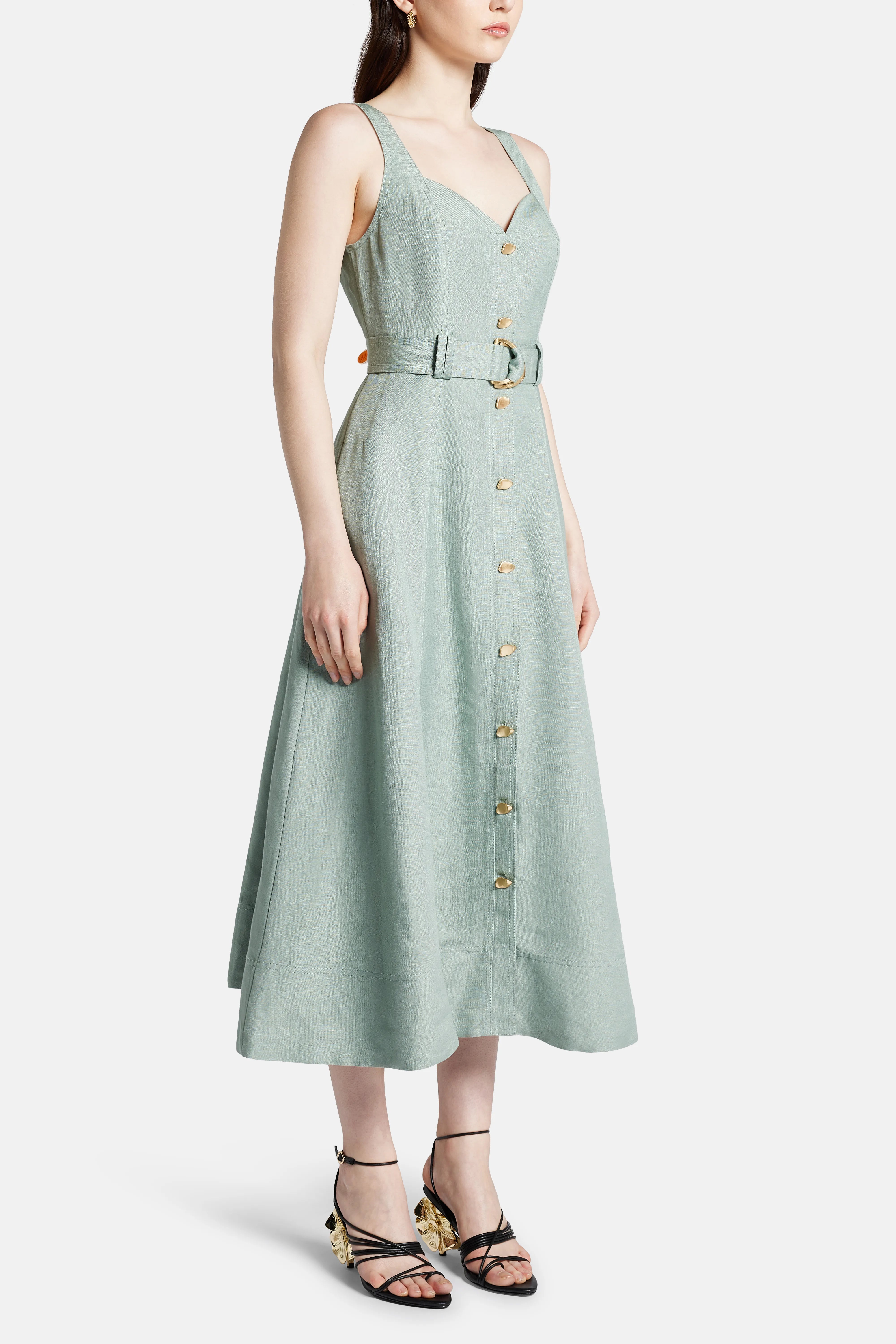 Clay Belted Linen Midi Dress in Green