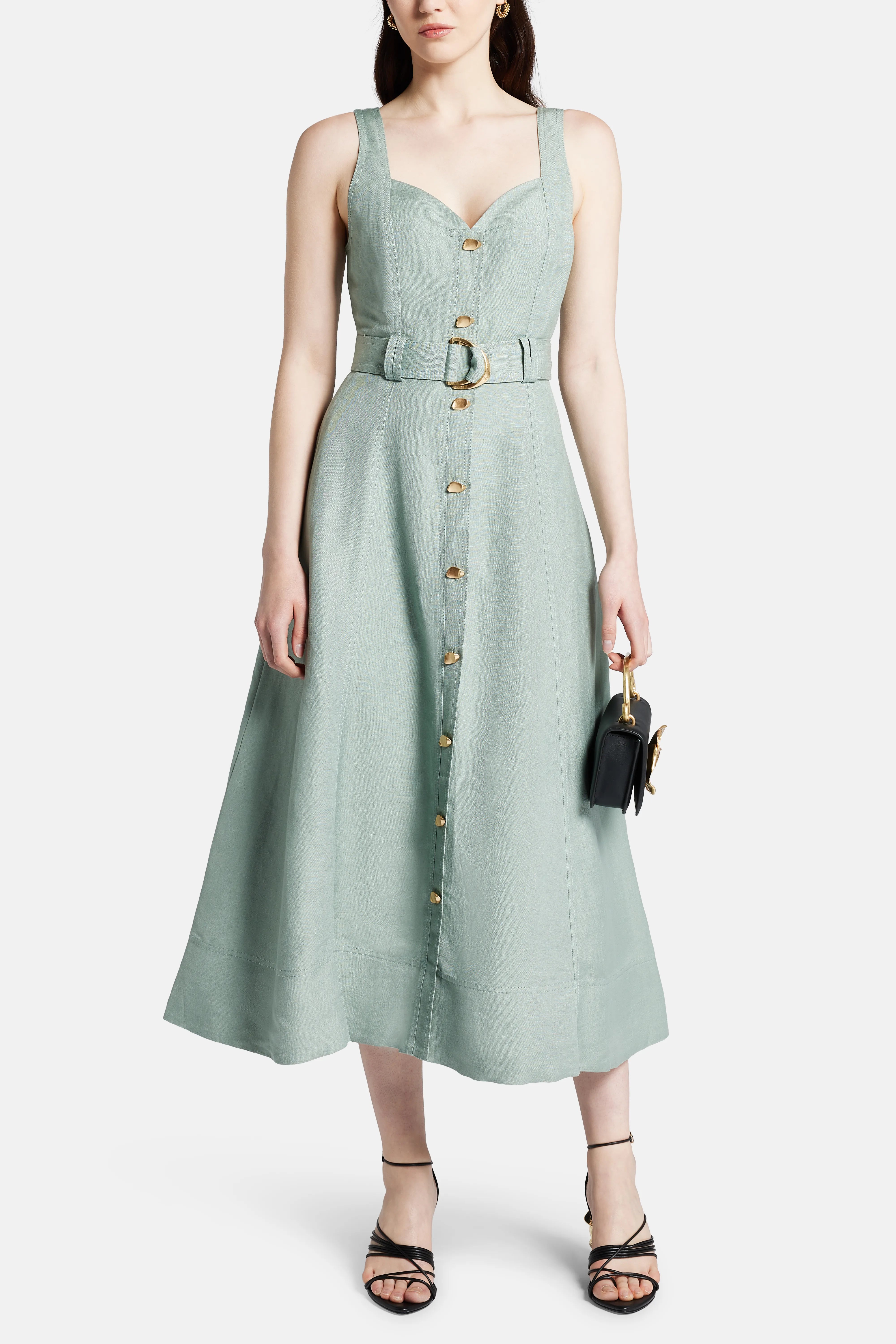 Clay Belted Linen Midi Dress in Green