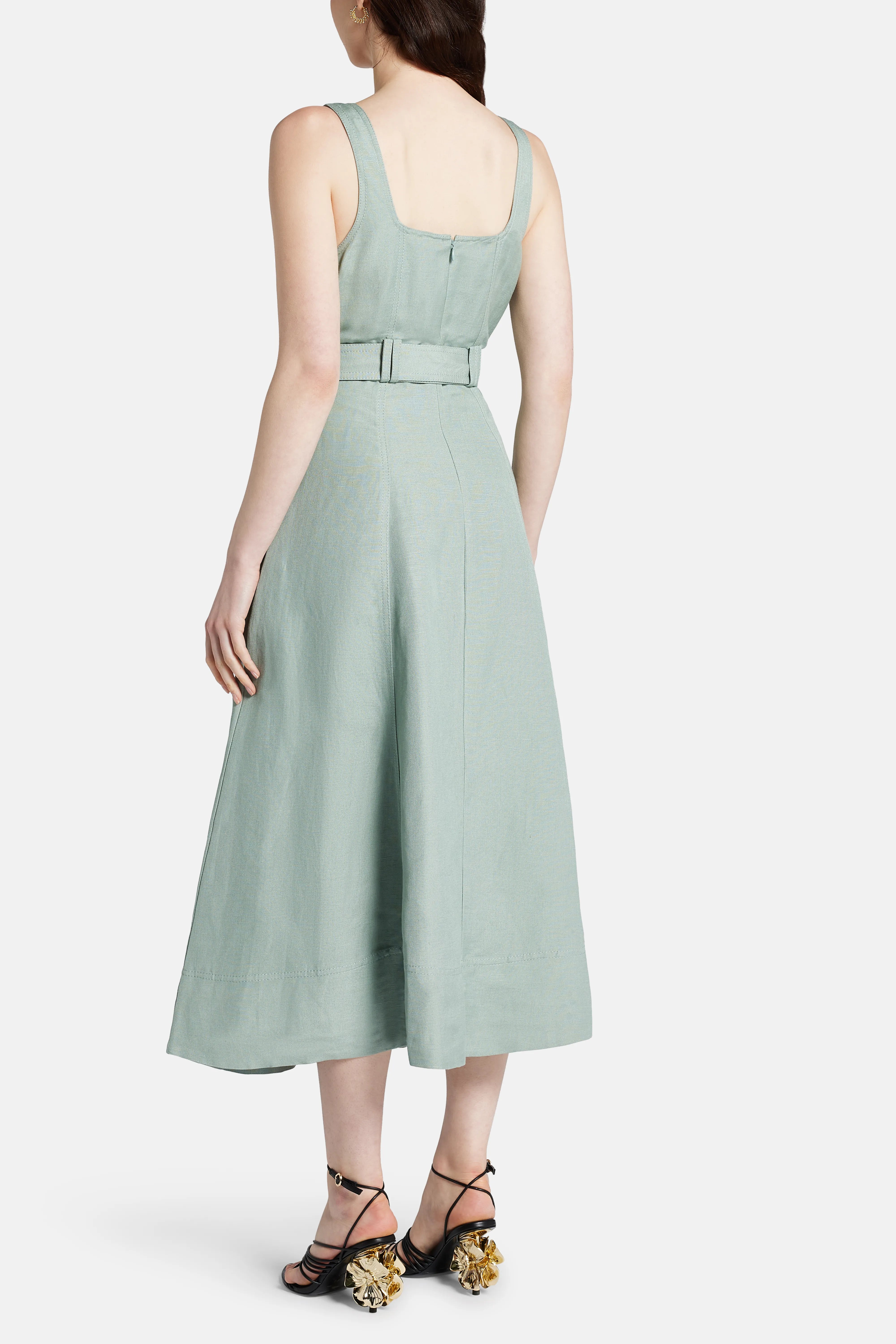 Clay Belted Linen Midi Dress in Green