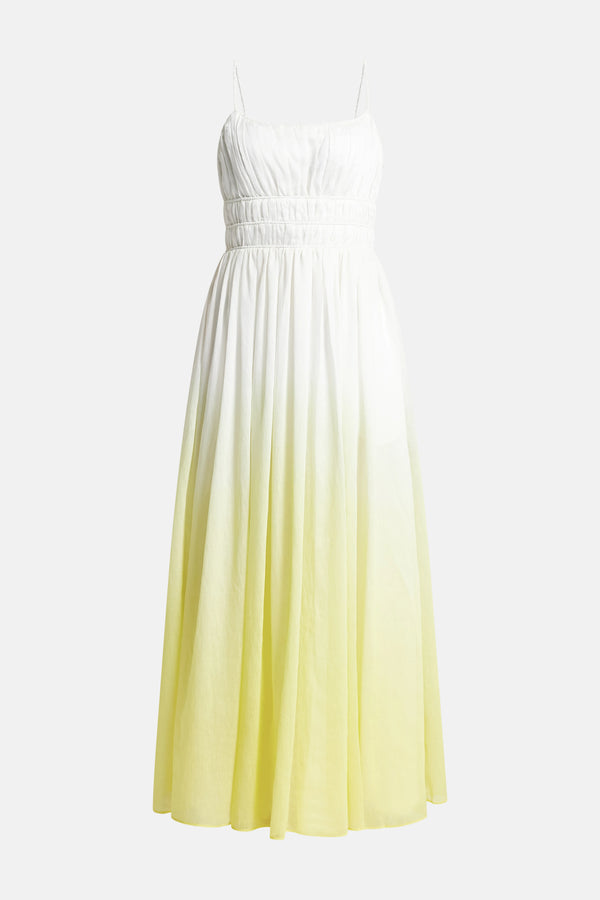 Acapella Ruched Sleeveless Linen Midi Dress in White and Yellow