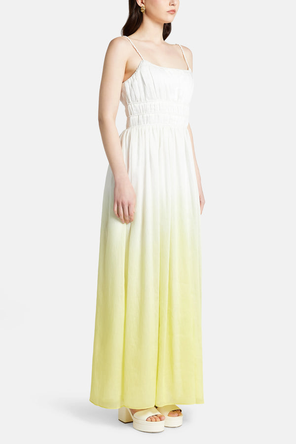 Acapella Ruched Sleeveless Linen Midi Dress in White and Yellow