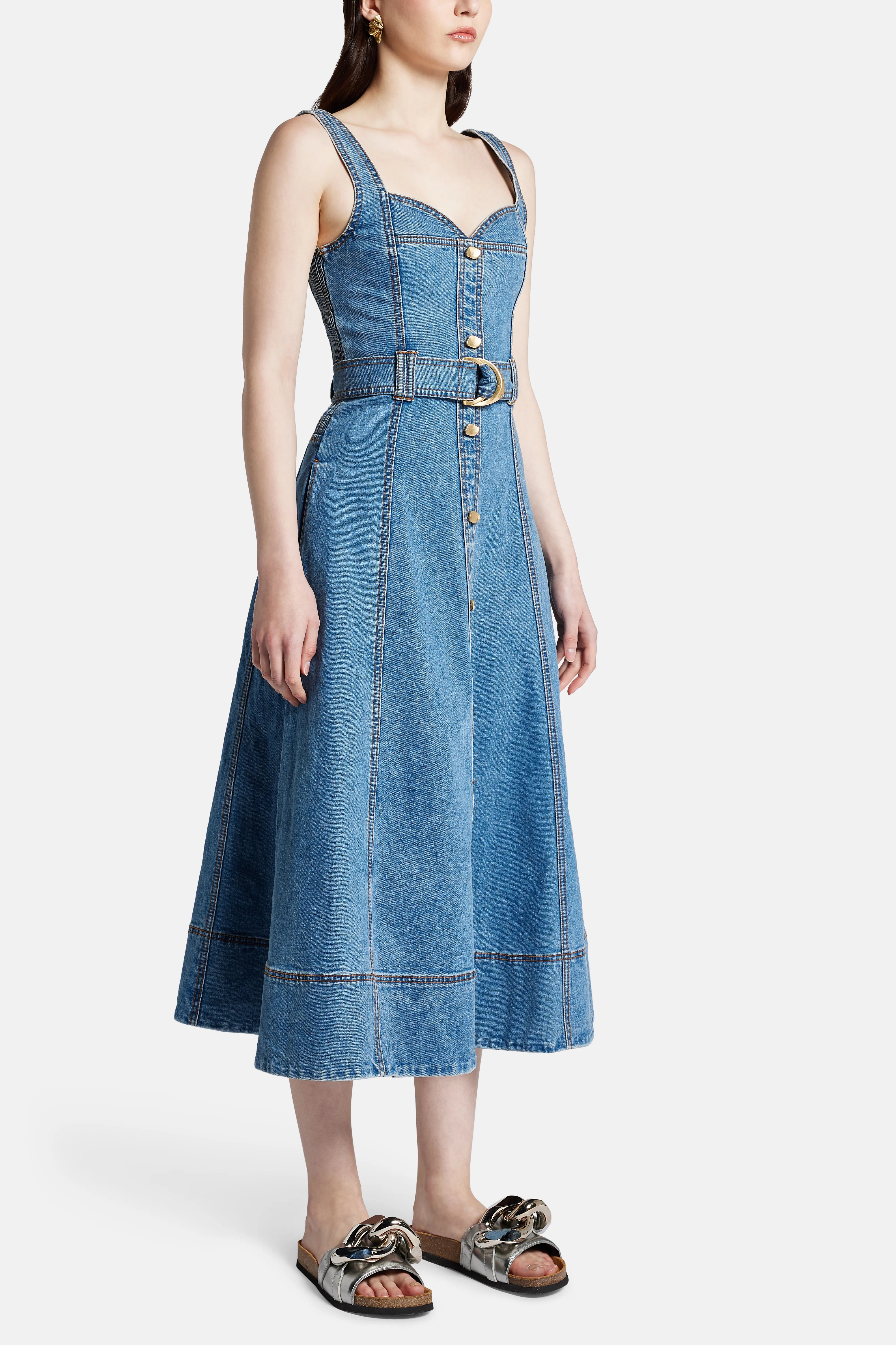 Clay Sleeveless Denim Cotton Midi Dress in Blue