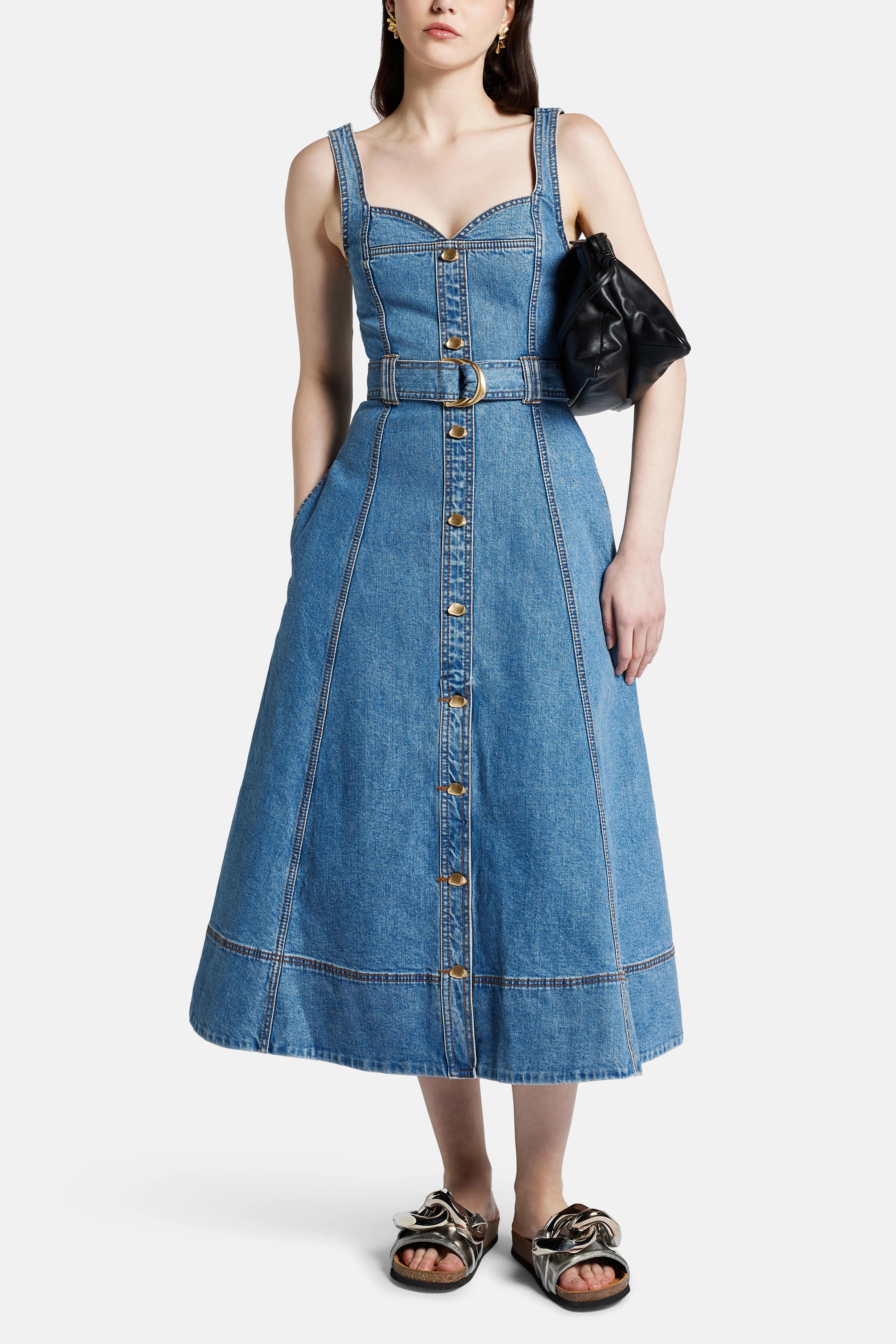 Clay Sleeveless Denim Cotton Midi Dress in Blue