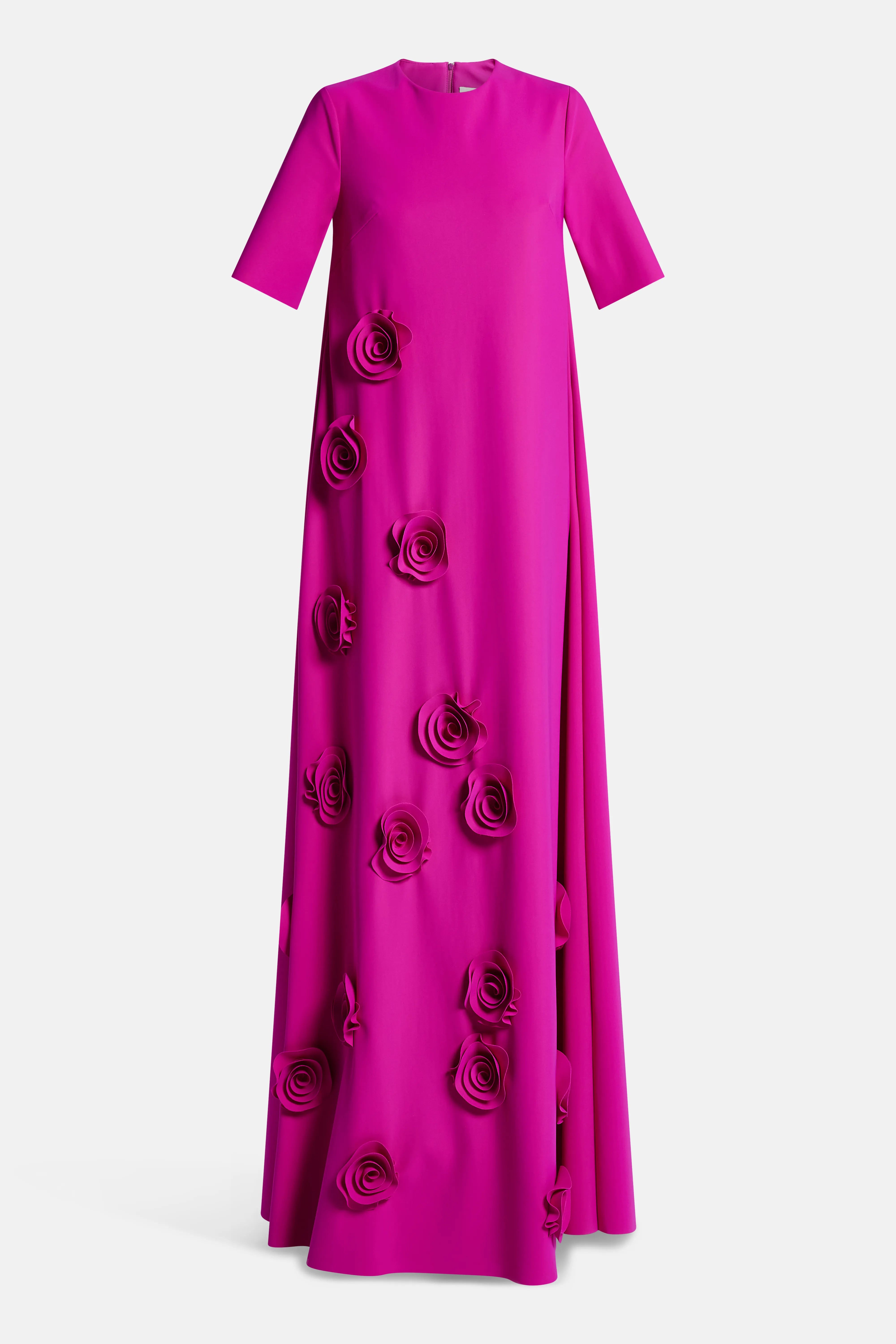 Rosette Floral Applique Round Neck Trapeze Evening Gown in Pink