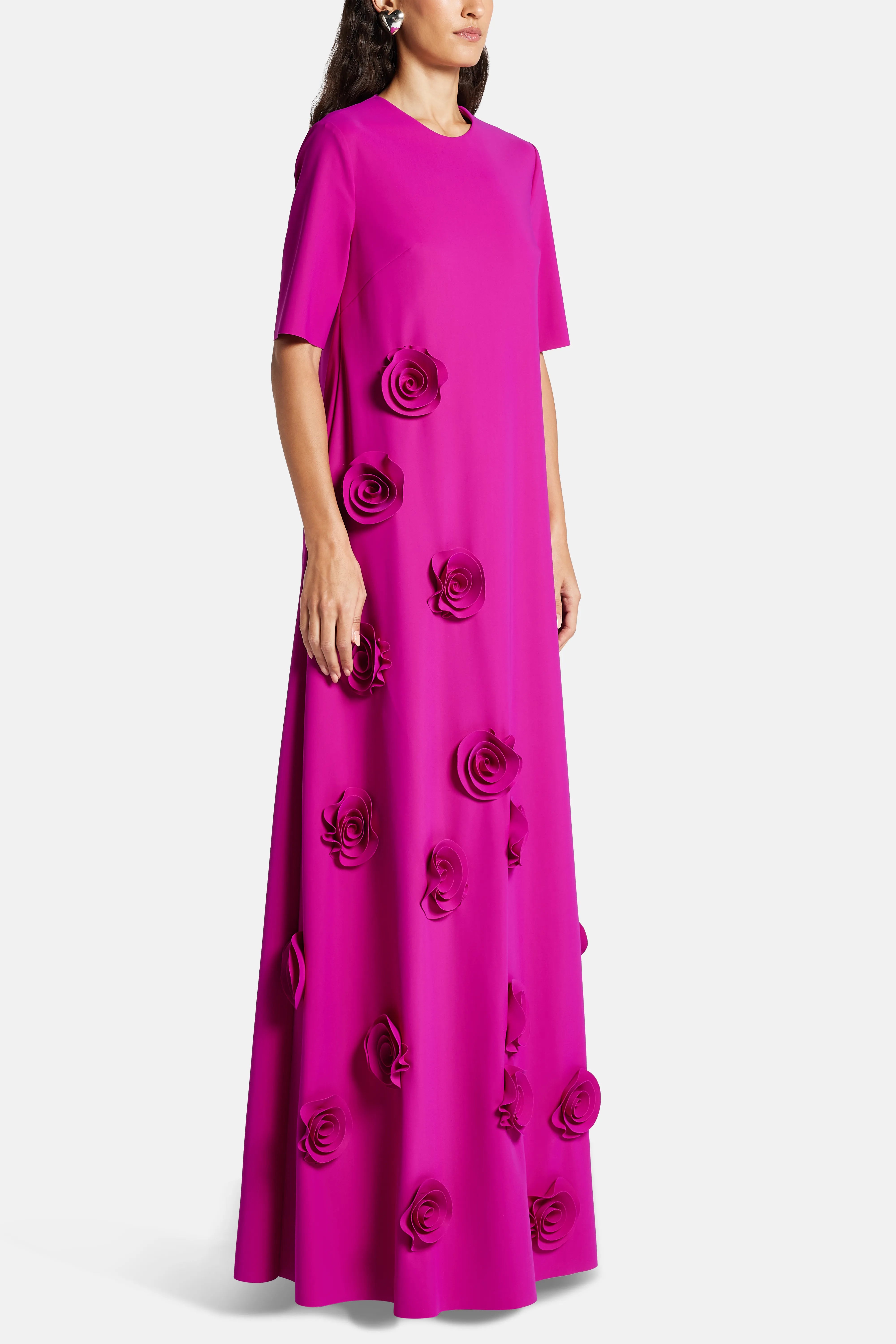 Rosette Floral Applique Round Neck Trapeze Evening Gown in Pink