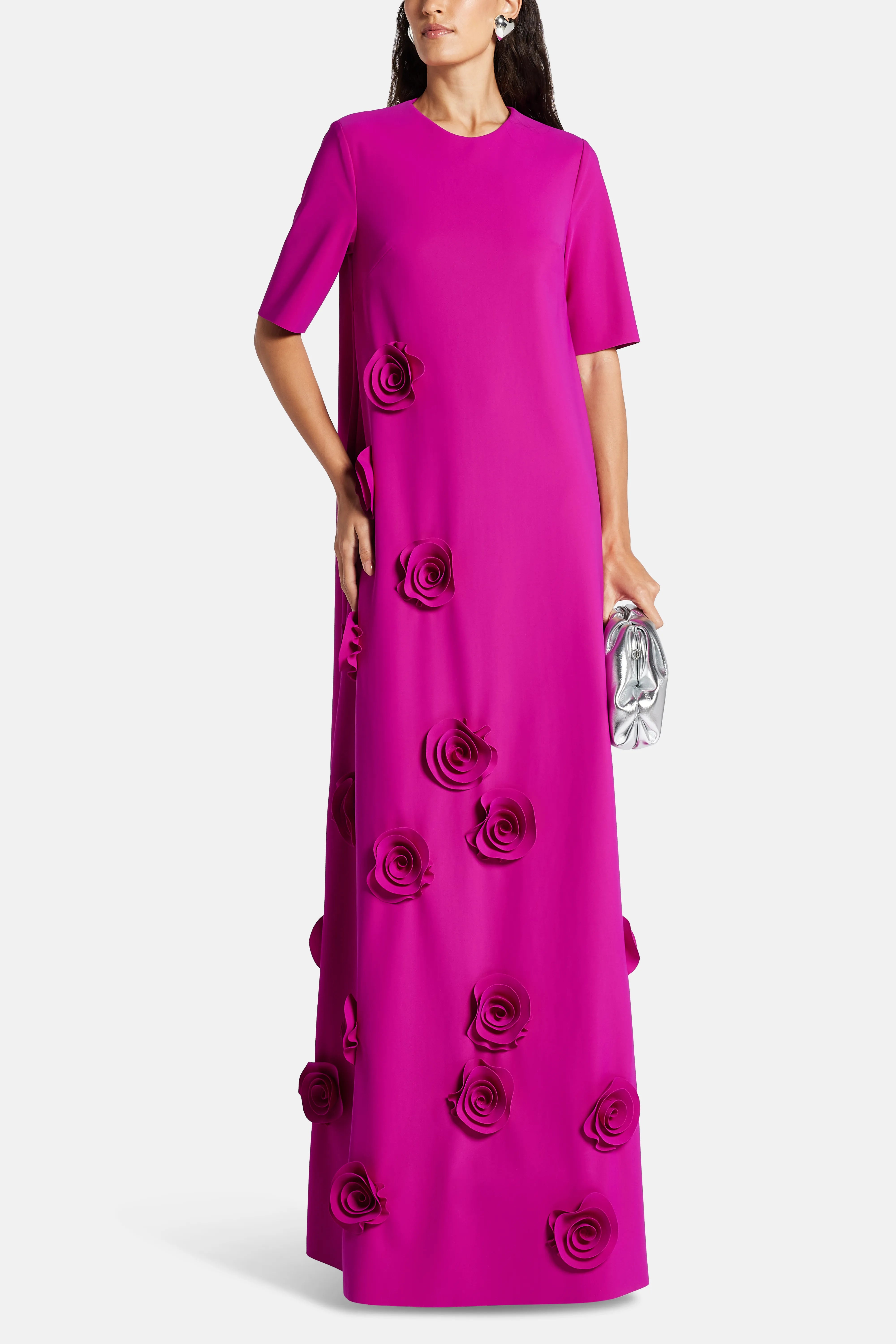 Rosette Floral Applique Round Neck Trapeze Evening Gown in Pink