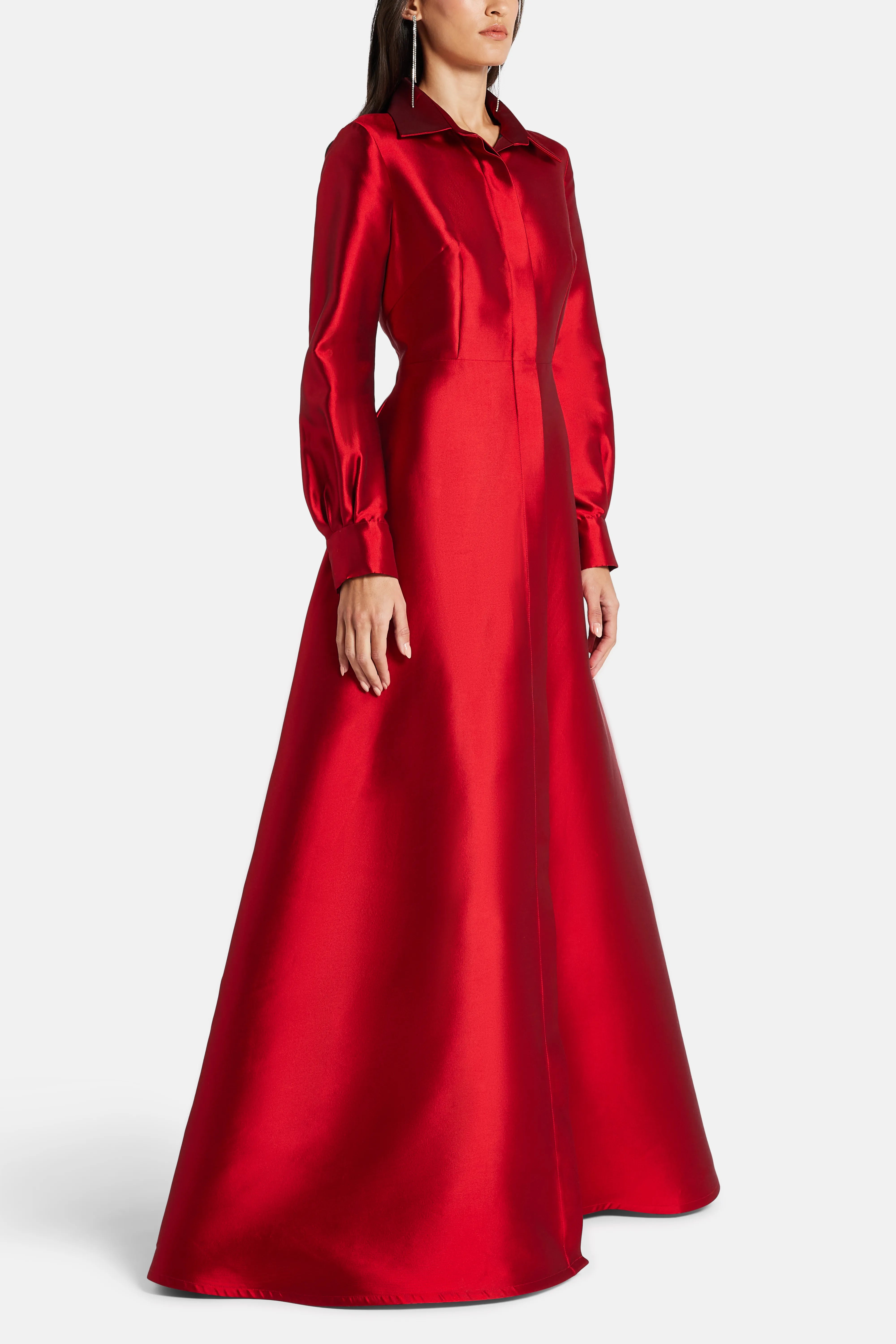 Collared Shirt Silk Blend Evening Gown in Red