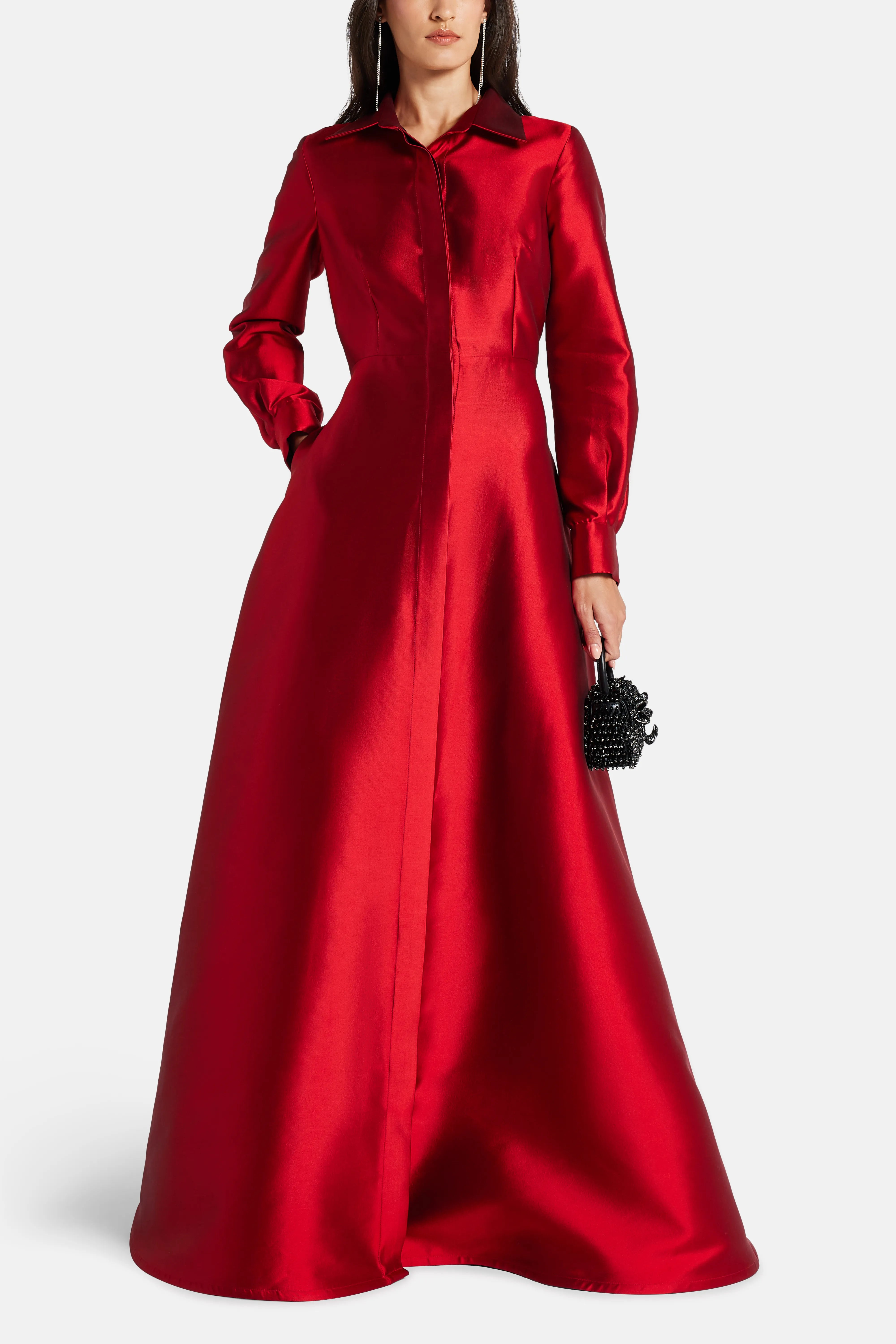 Collared Shirt Silk Blend Evening Gown in Red