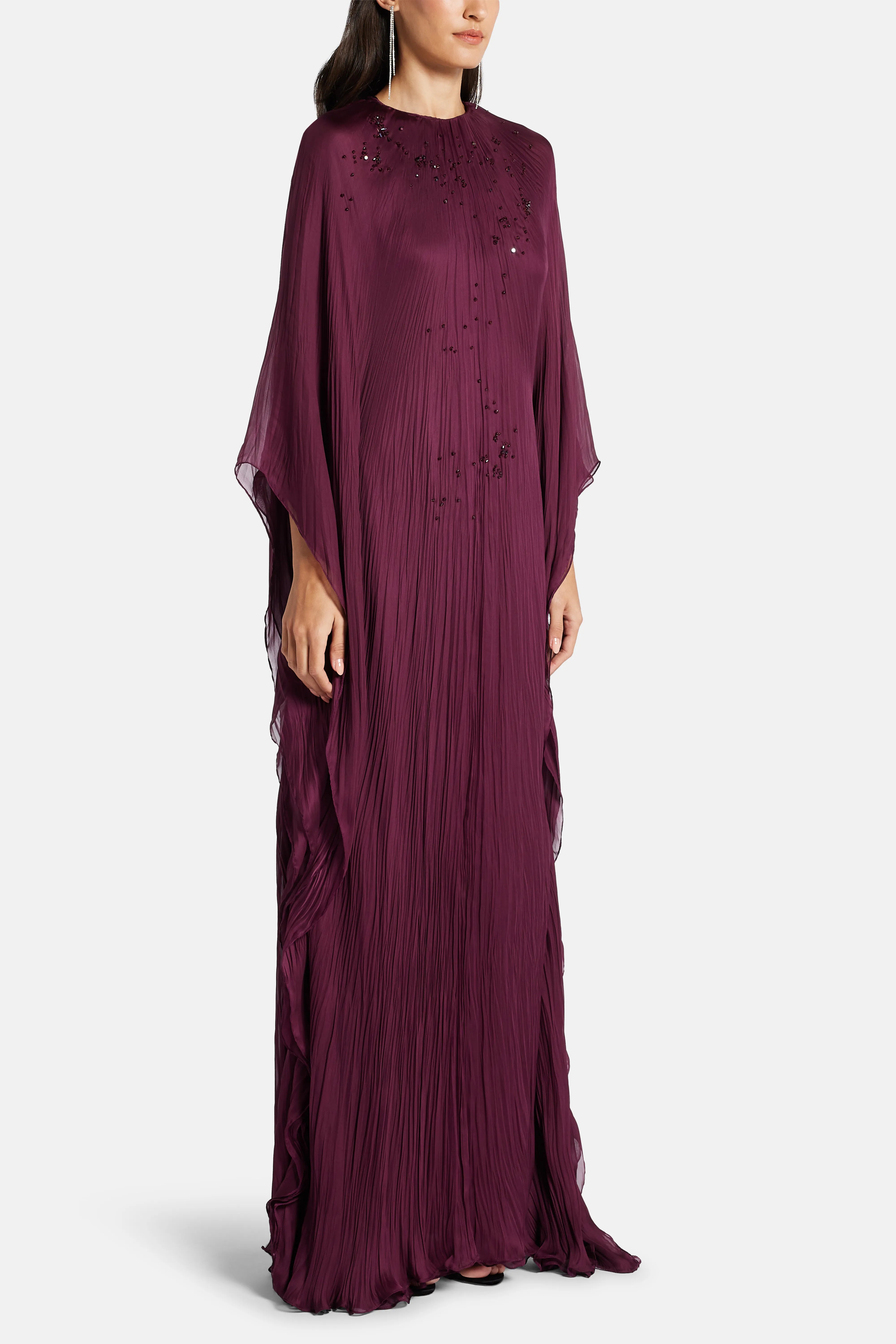 Sequins Silk and Chiffon Blend Kaftan in Burgundy