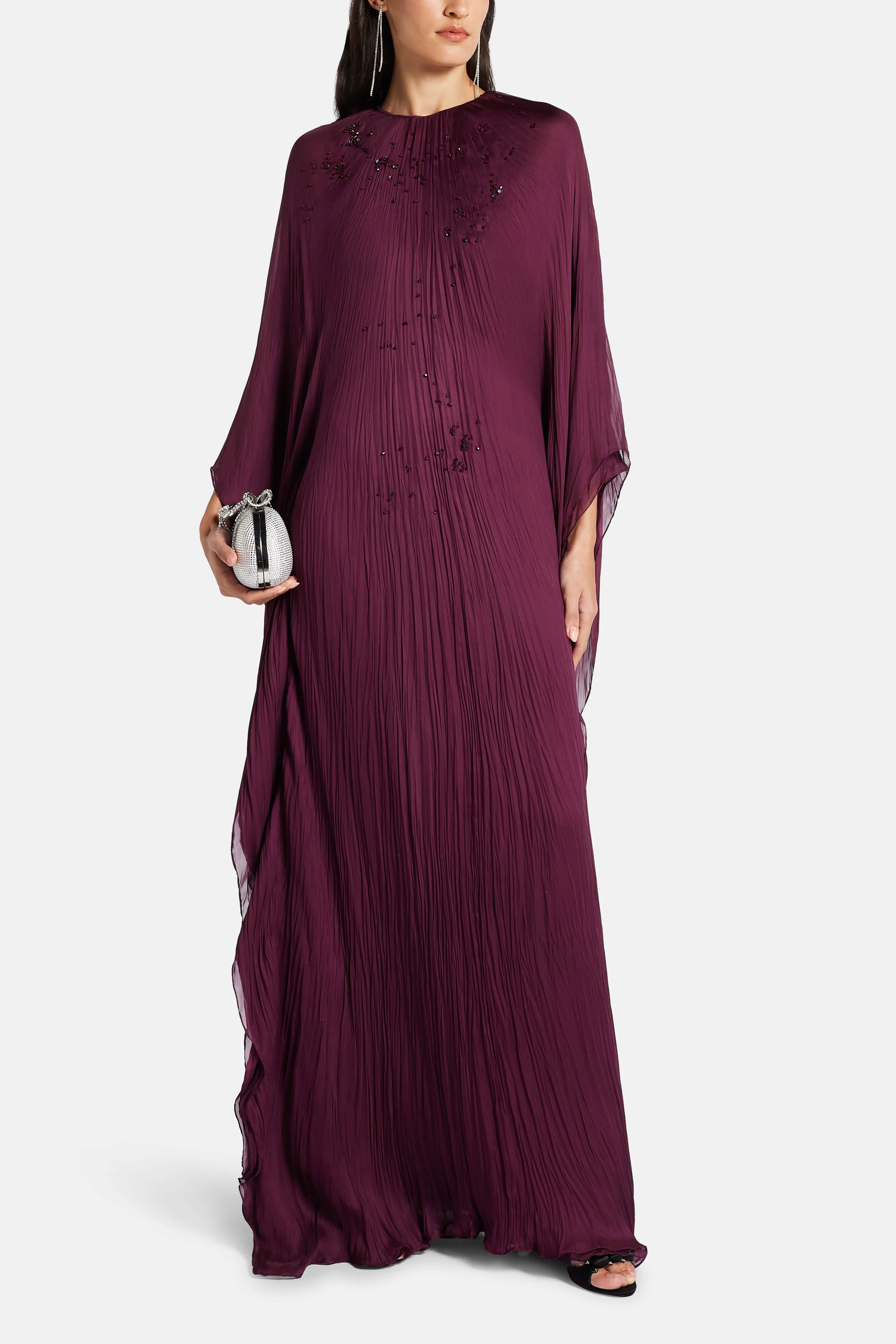 Sequins Silk and Chiffon Blend Kaftan in Burgundy