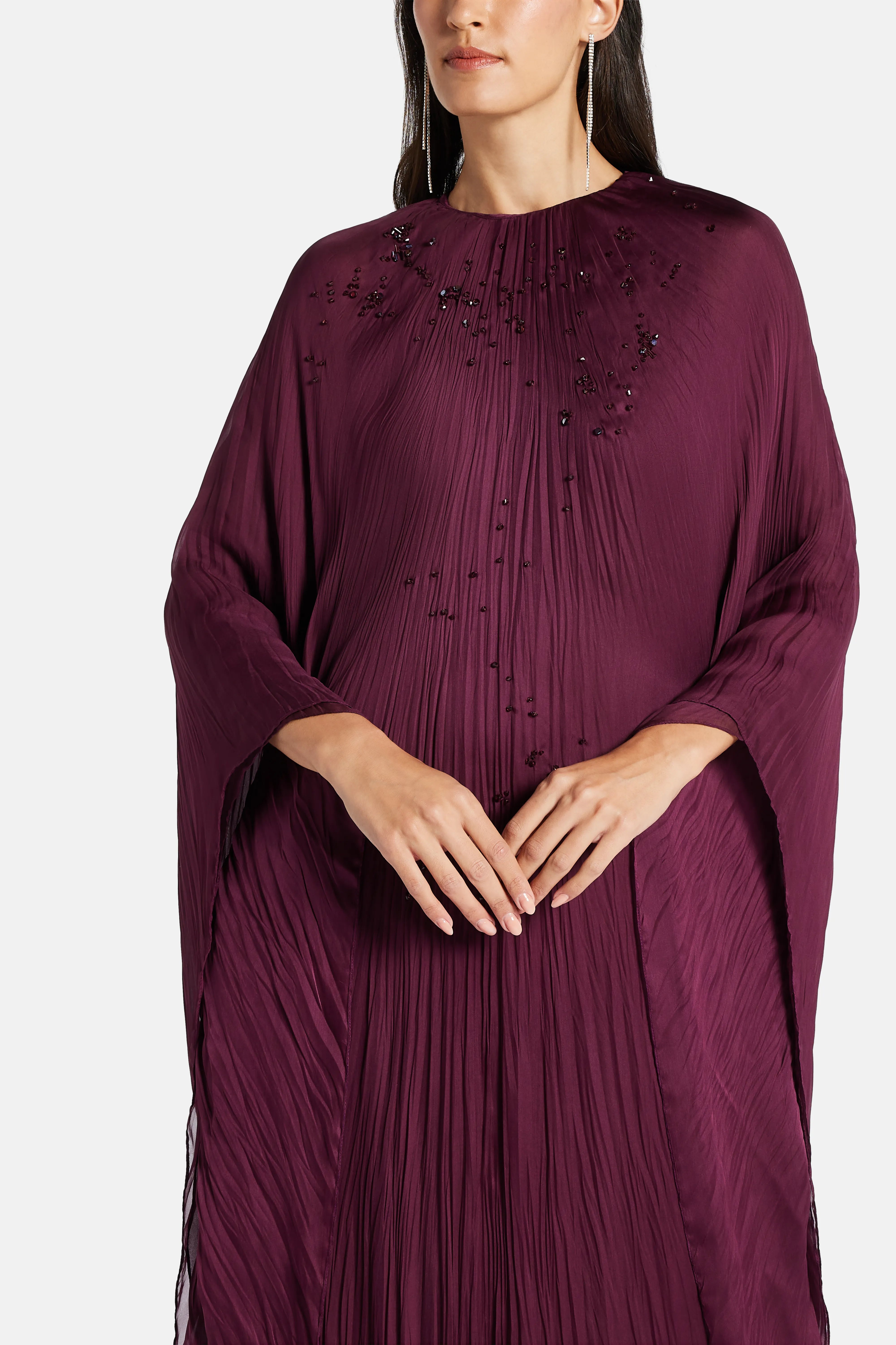 Sequins Silk and Chiffon Blend Kaftan in Burgundy