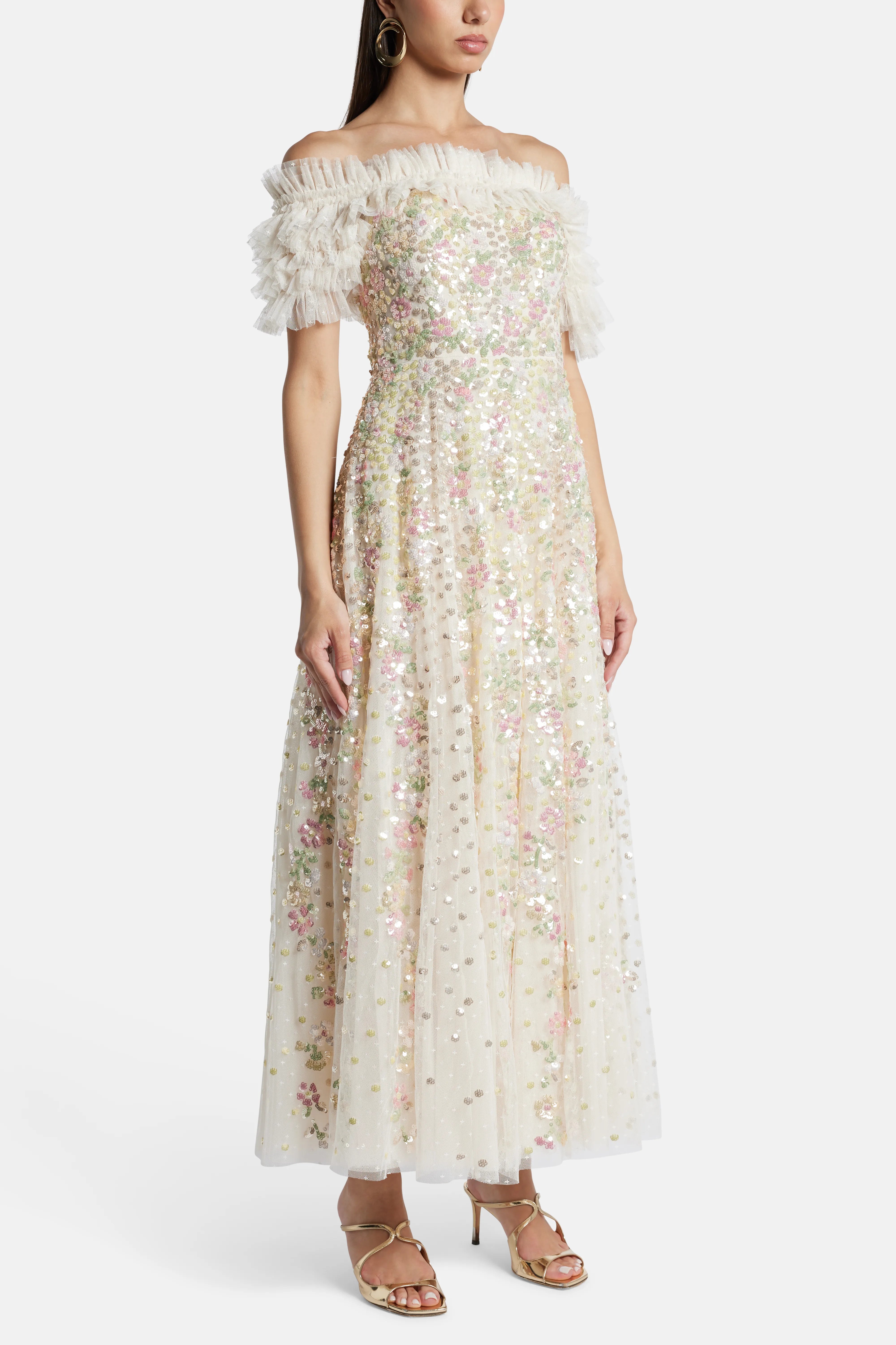 Buy the Confetti Off Shoulder Sequin Midi Dress in Cream Buy the Confetti Off Shoulder Sequin Midi Dress in Cream