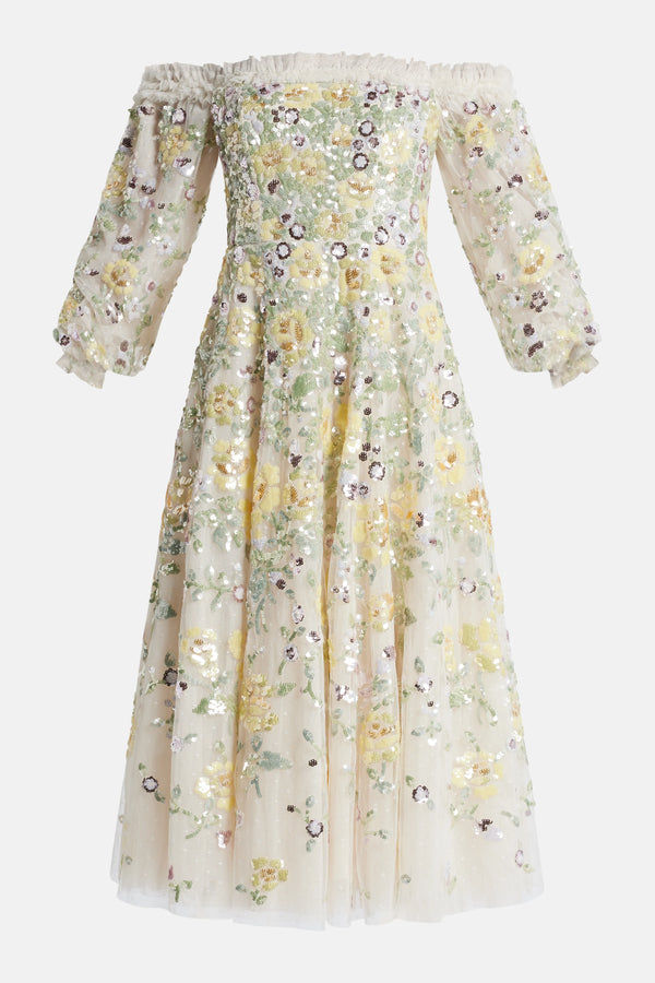 Elina Rose Off Shoulder Ballerina Floral Sequin Midi Dress in Cream