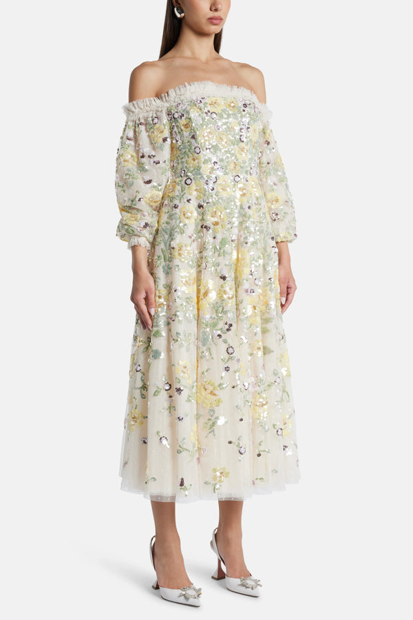 Elina Rose Off Shoulder Ballerina Floral Sequin Midi Dress in Cream