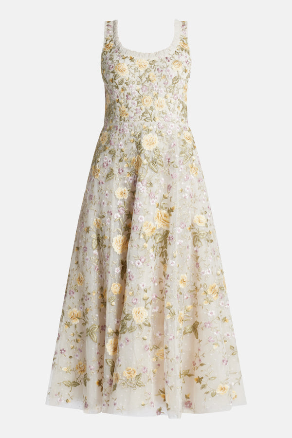 Florine Sleeveless Ballerina Floral Midi Dress in Cream