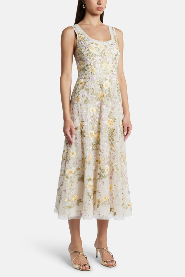 Florine Sleeveless Ballerina Floral Midi Dress in Cream