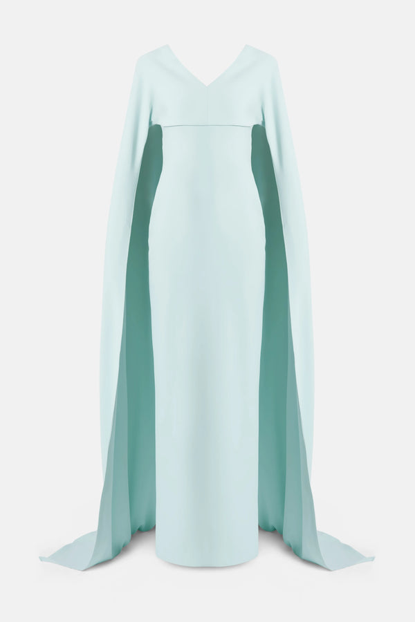 Morgan V Neck Cape Evening Dress in Blue