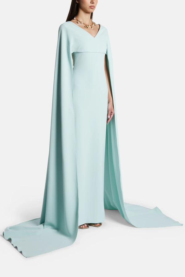 Morgan V Neck Cape Evening Dress in Blue